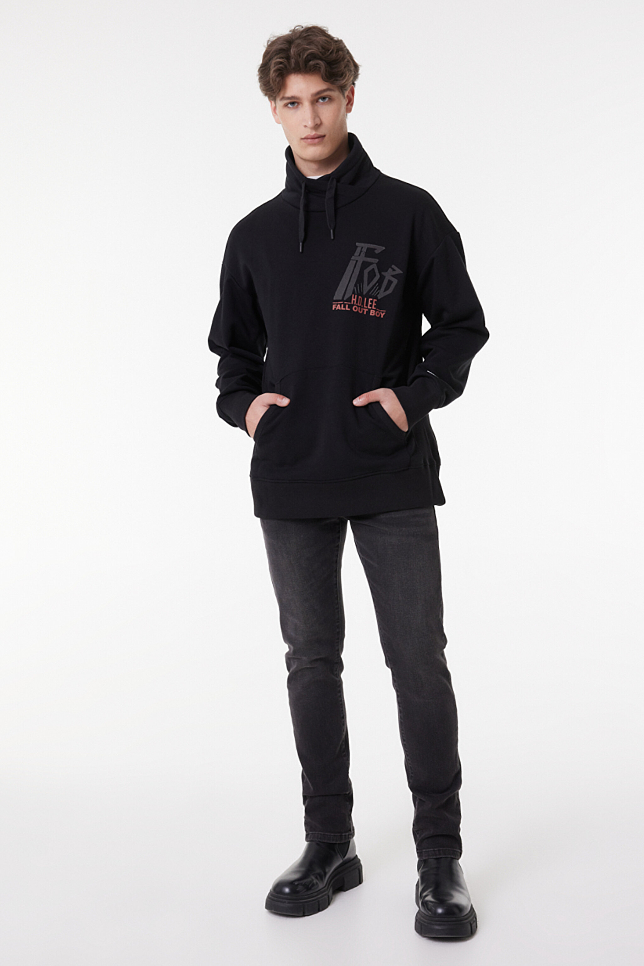 Loose Fit Rahat Kesim Kapüşonlu Şardonlu Siyah Sweatshirt - Black-L232278001 (görsel 2)