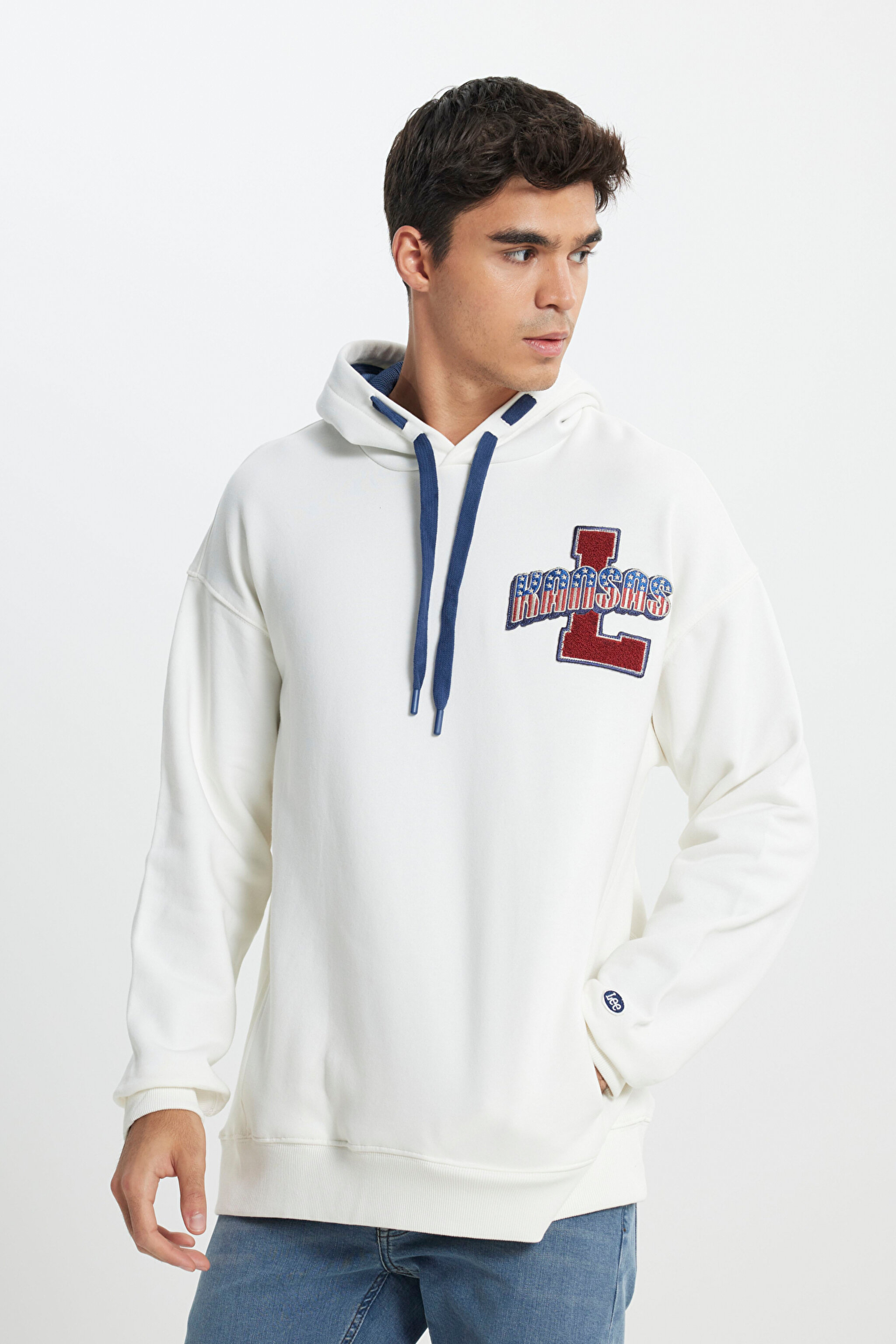 Loose Fit Rahat Kesim Kapüşonlu İçi Polarlı Kırık Beyaz Sweatshirt