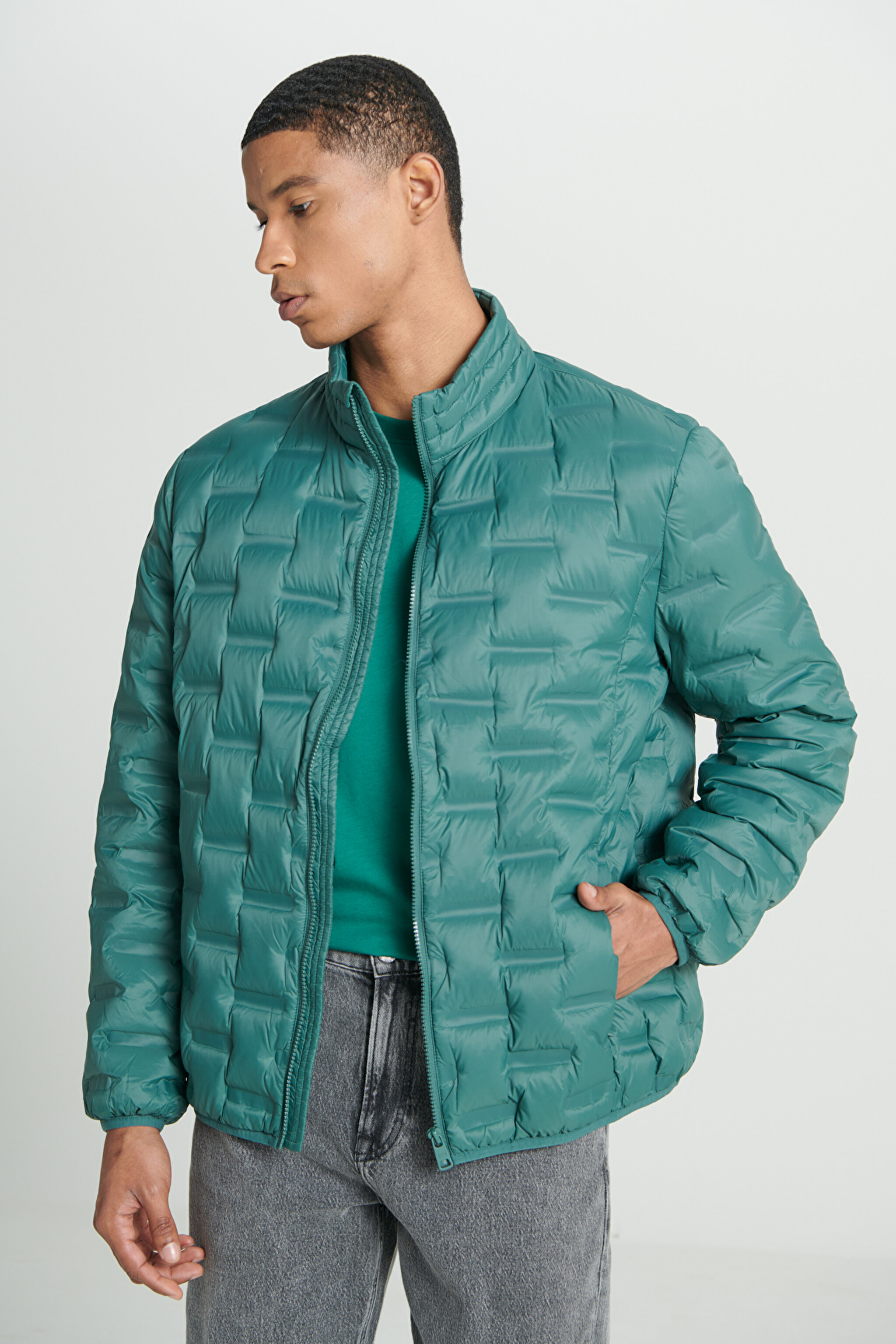 Regular Fit Normal Kesim Dik Yaka Mint Yeşili Şişme Ceket - Green-L232287300