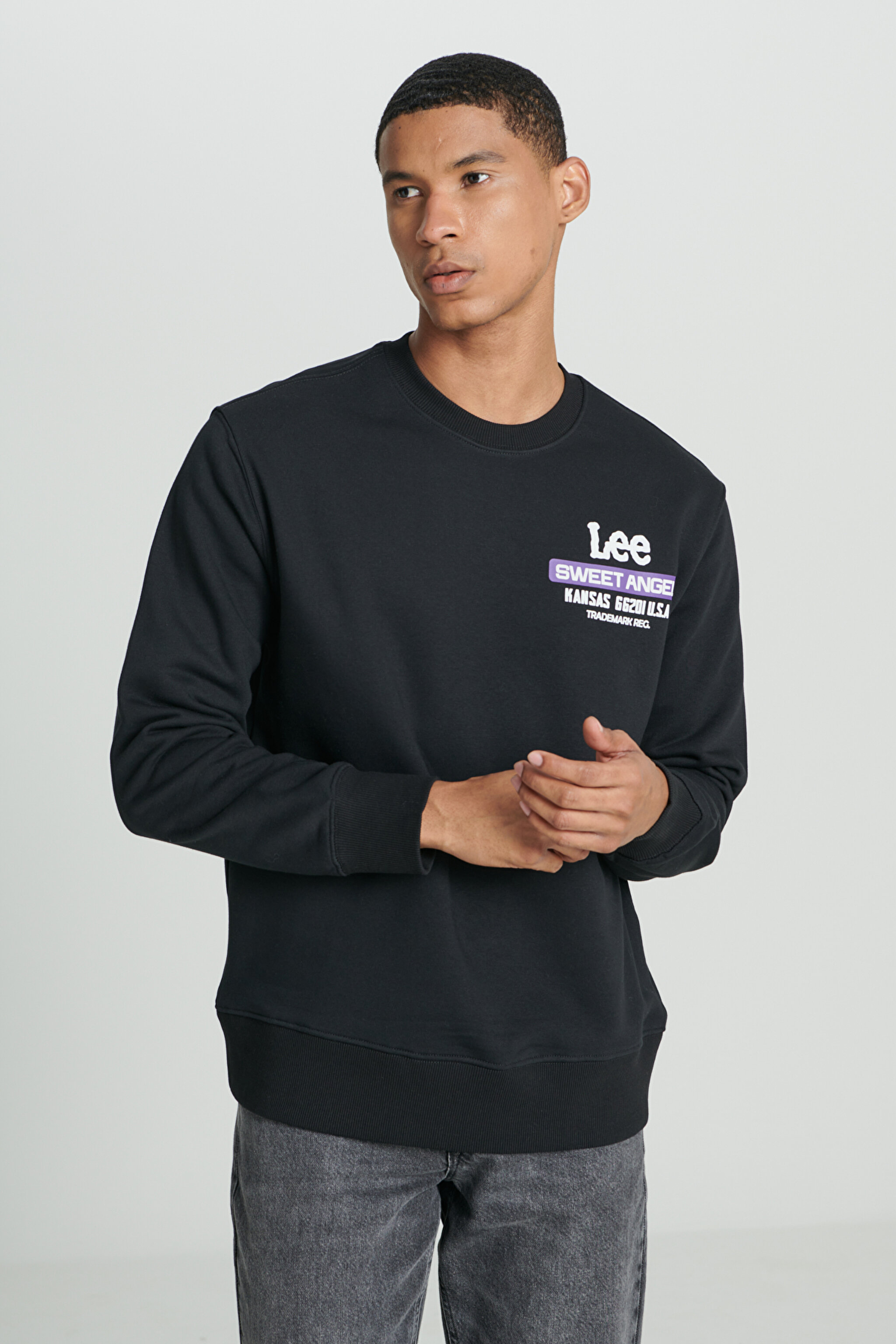 Regular Fit Normal Kesim Bisiklet Yaka Şardonlu Siyah Sweatshirt