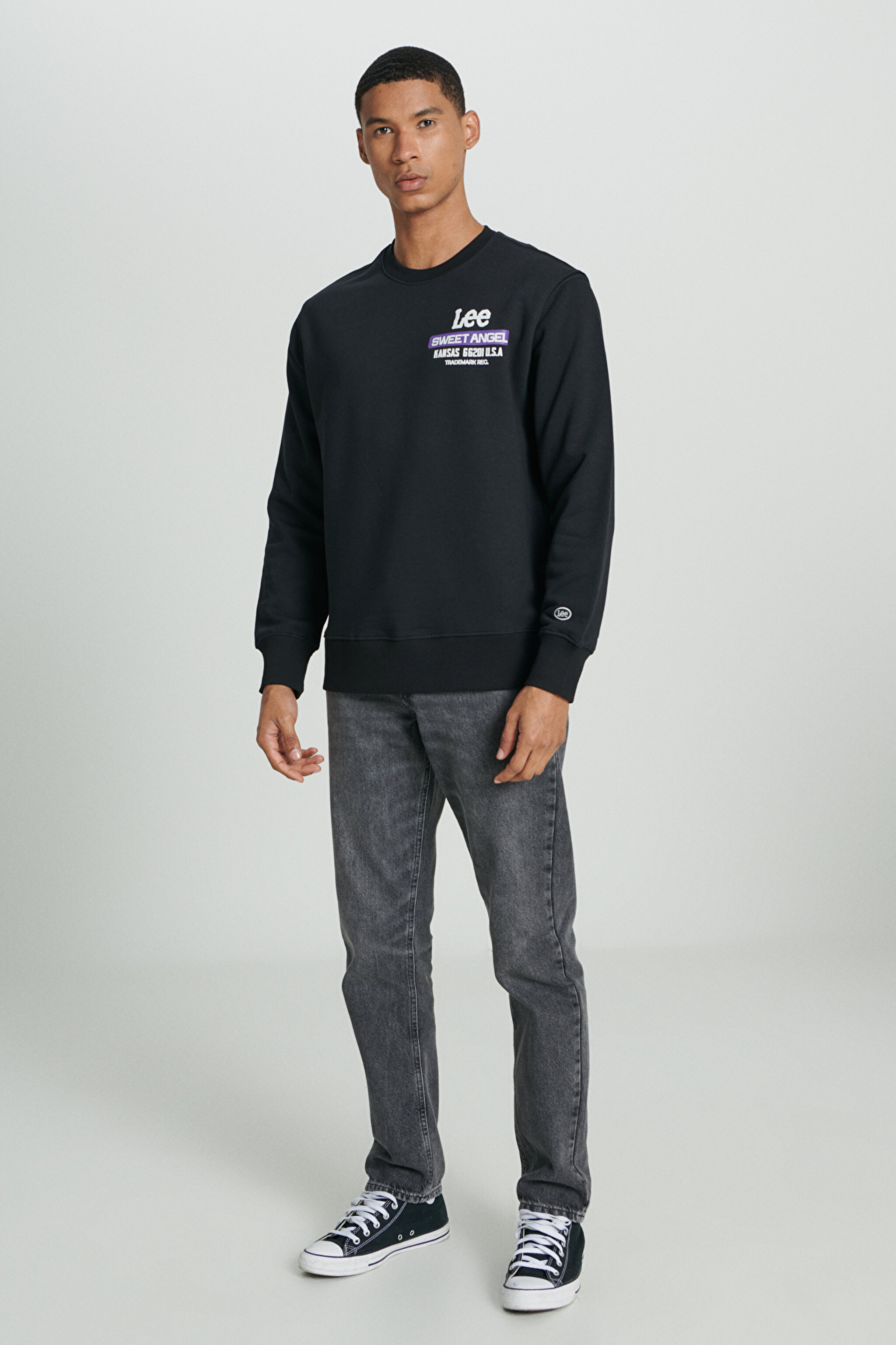 Regular Fit Normal Kesim Bisiklet Yaka Şardonlu Siyah Sweatshirt - Black-L232294001 (görsel 5)