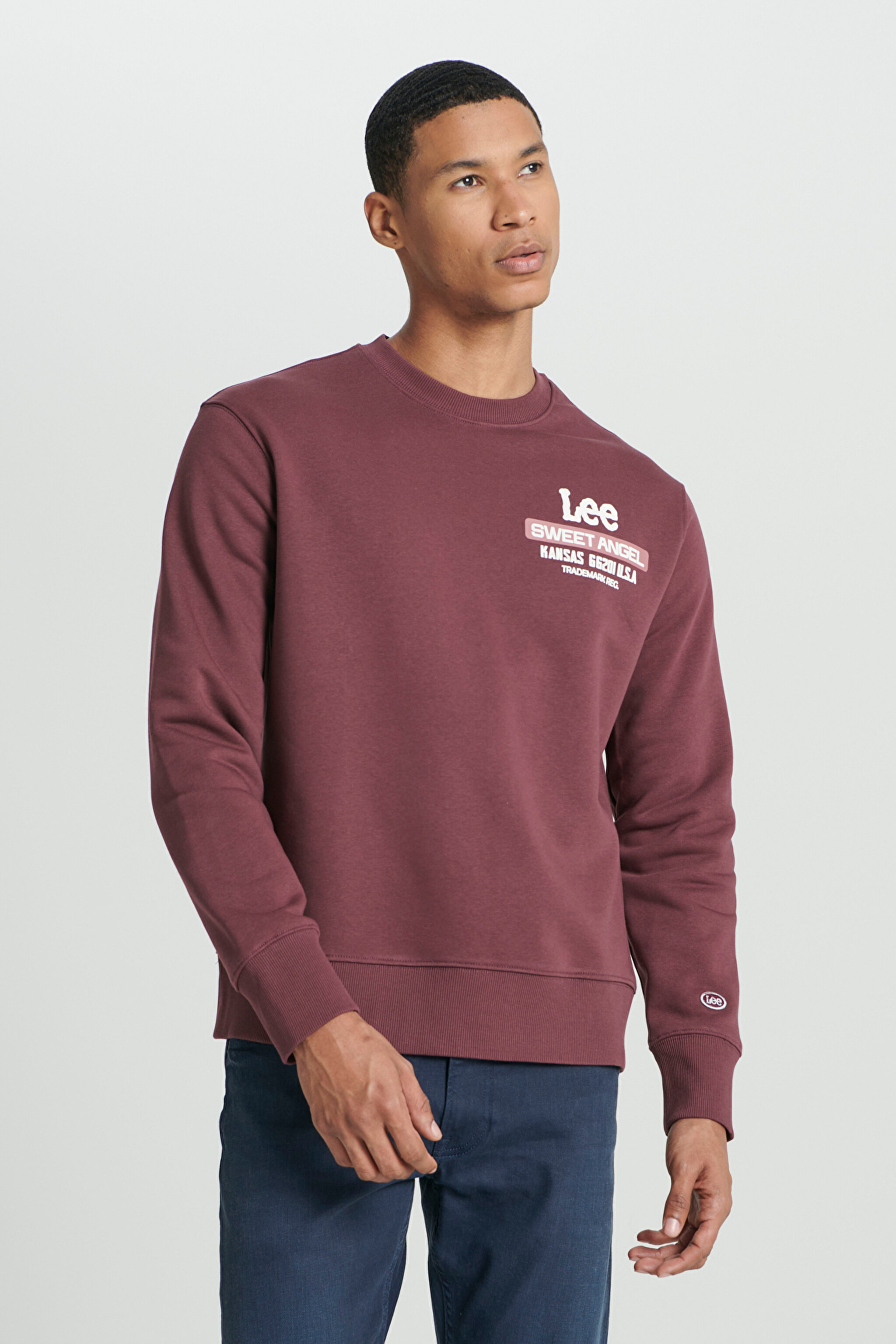 Regular Fit Normal Kesim Bisiklet Yaka Şardonlu Bordo Sweatshirt - Dark Wine-L232294838 (görsel 3)