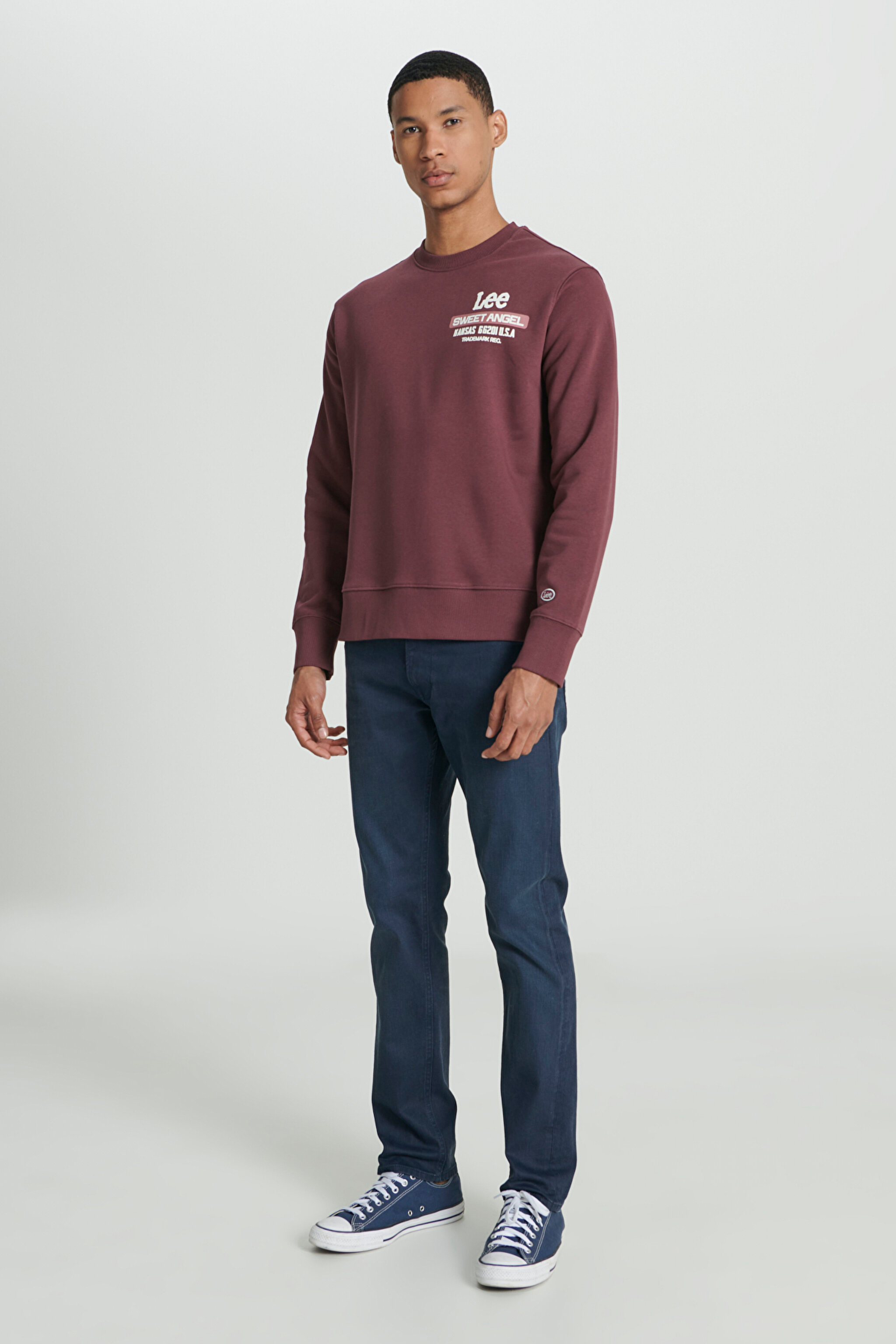 Regular Fit Normal Kesim Bisiklet Yaka Şardonlu Bordo Sweatshirt - Dark Wine-L232294838 (görsel 5)
