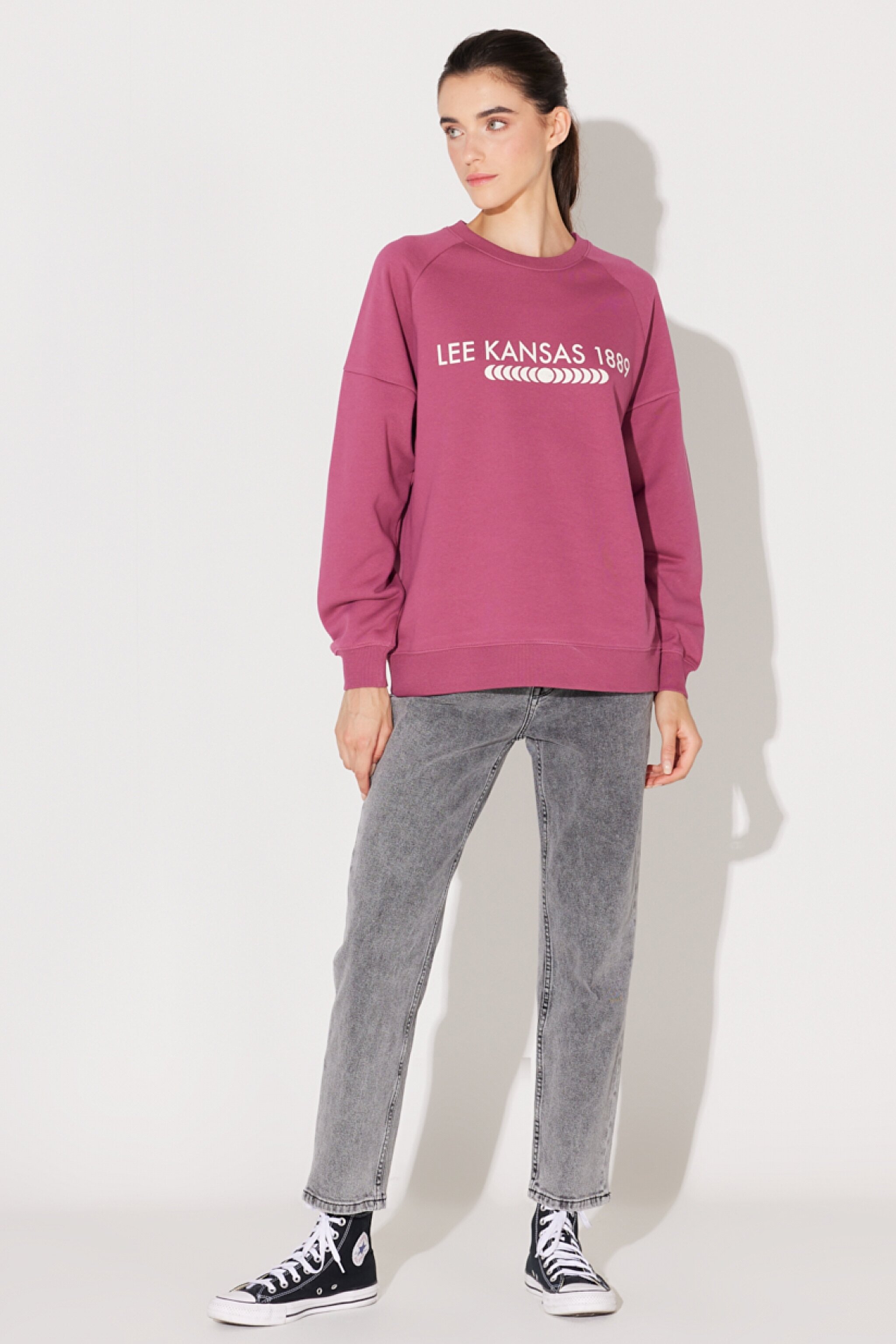 Oversize Fit Geniş Kesim Bisiklet Yaka Şardonlu Koyu Pembe Sweatshirt - Purple-L232342499 (görsel 5)