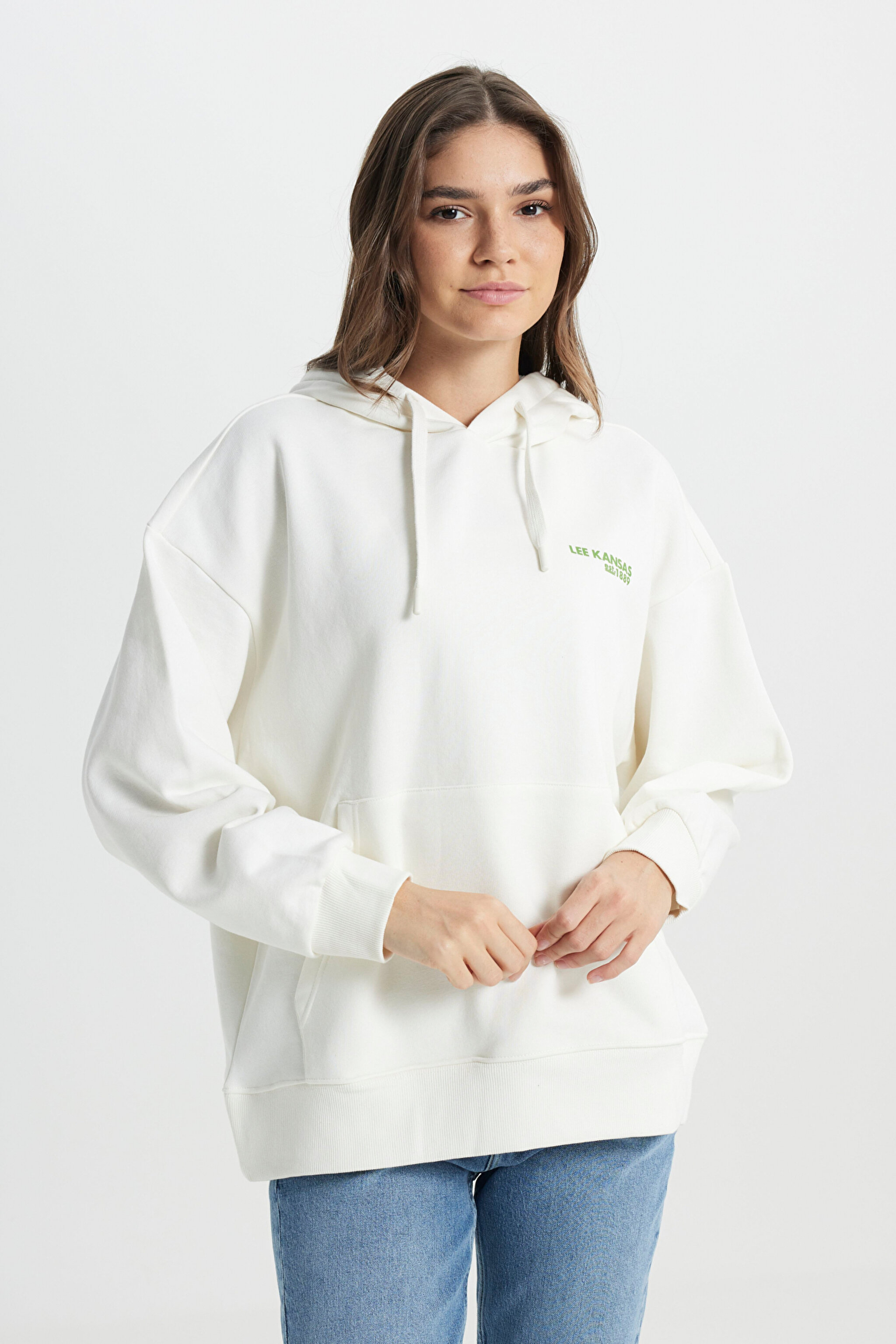 Regular Fit Normal Kesim Kapüşonlu İçi Polarlı Sırt Baskılı Kırık Beyaz Sweatshirt - Off White-L232346102 (görsel 3)