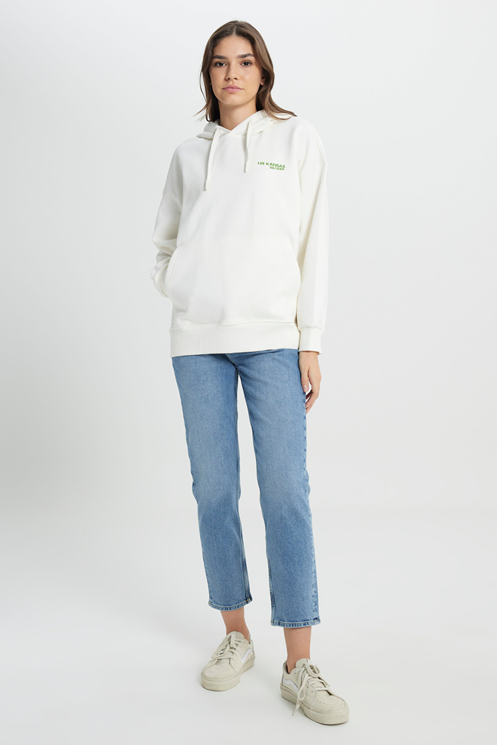 Regular Fit Normal Kesim Kapüşonlu İçi Polarlı Sırt Baskılı Kırık Beyaz Sweatshirt - Off White-L232346102 (görsel 4)