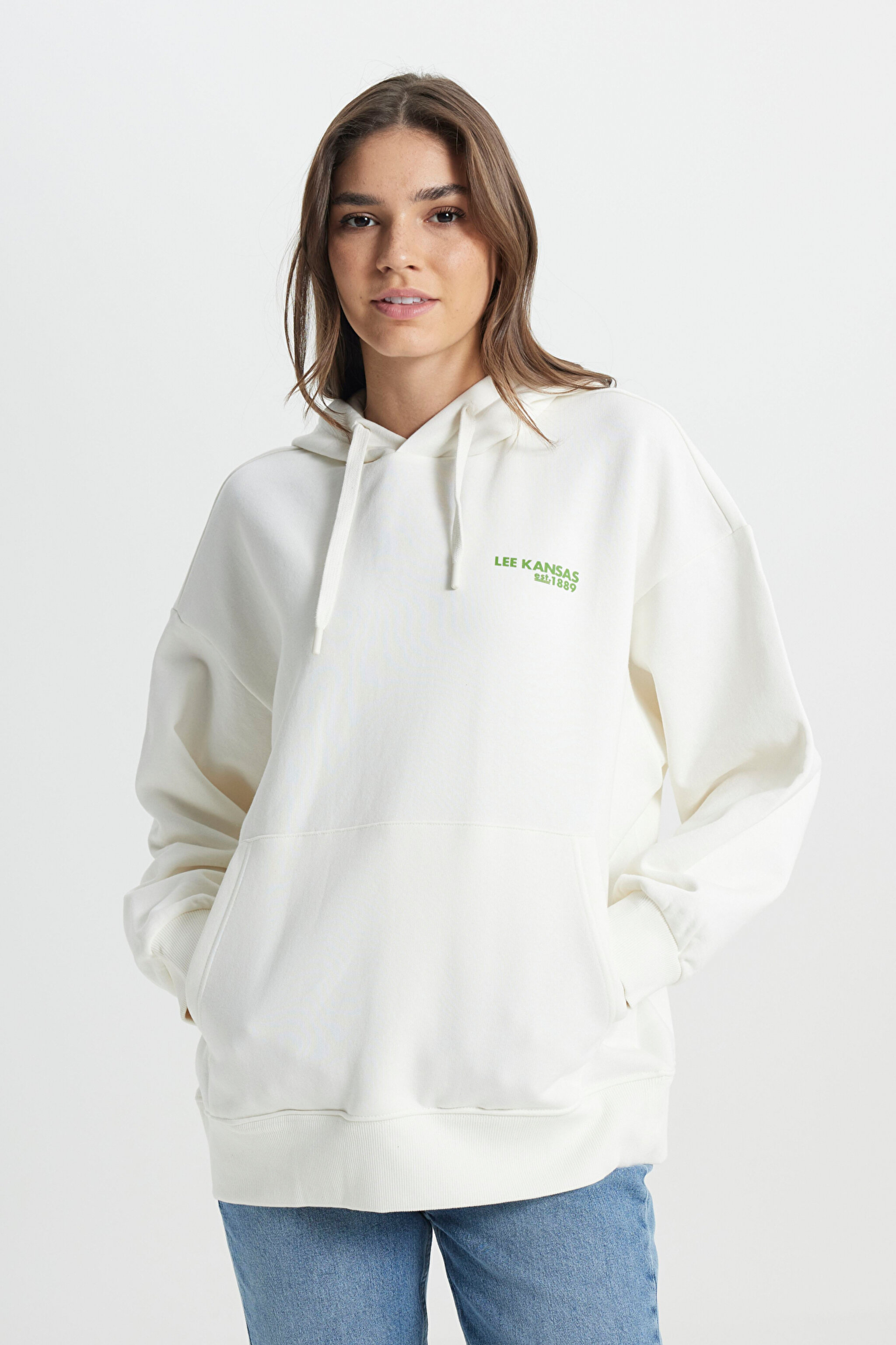 Regular Fit Normal Kesim Kapüşonlu İçi Polarlı Sırt Baskılı Kırık Beyaz Sweatshirt - Off White-L232346102 (görsel 6)