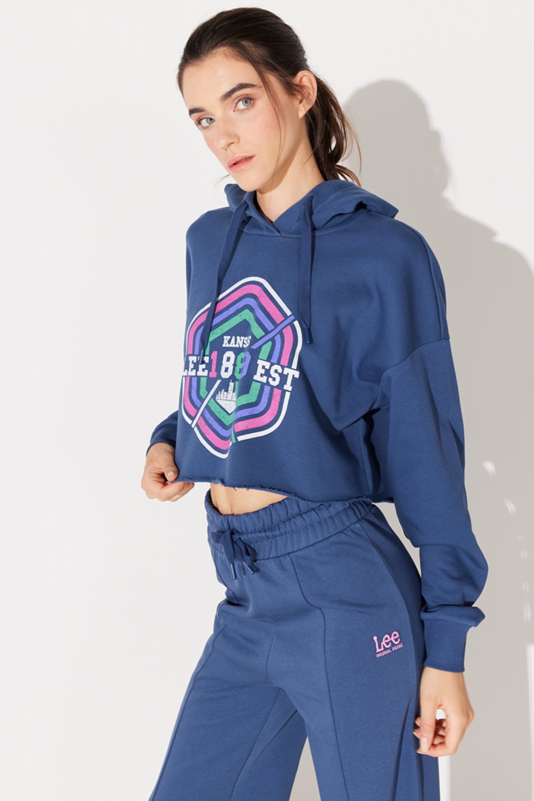 Regular Fit Normal Kesim Kapüşonlu Şardonlu Crop Mavi Sweatshirt - Blue-L232348400 (görsel 3)