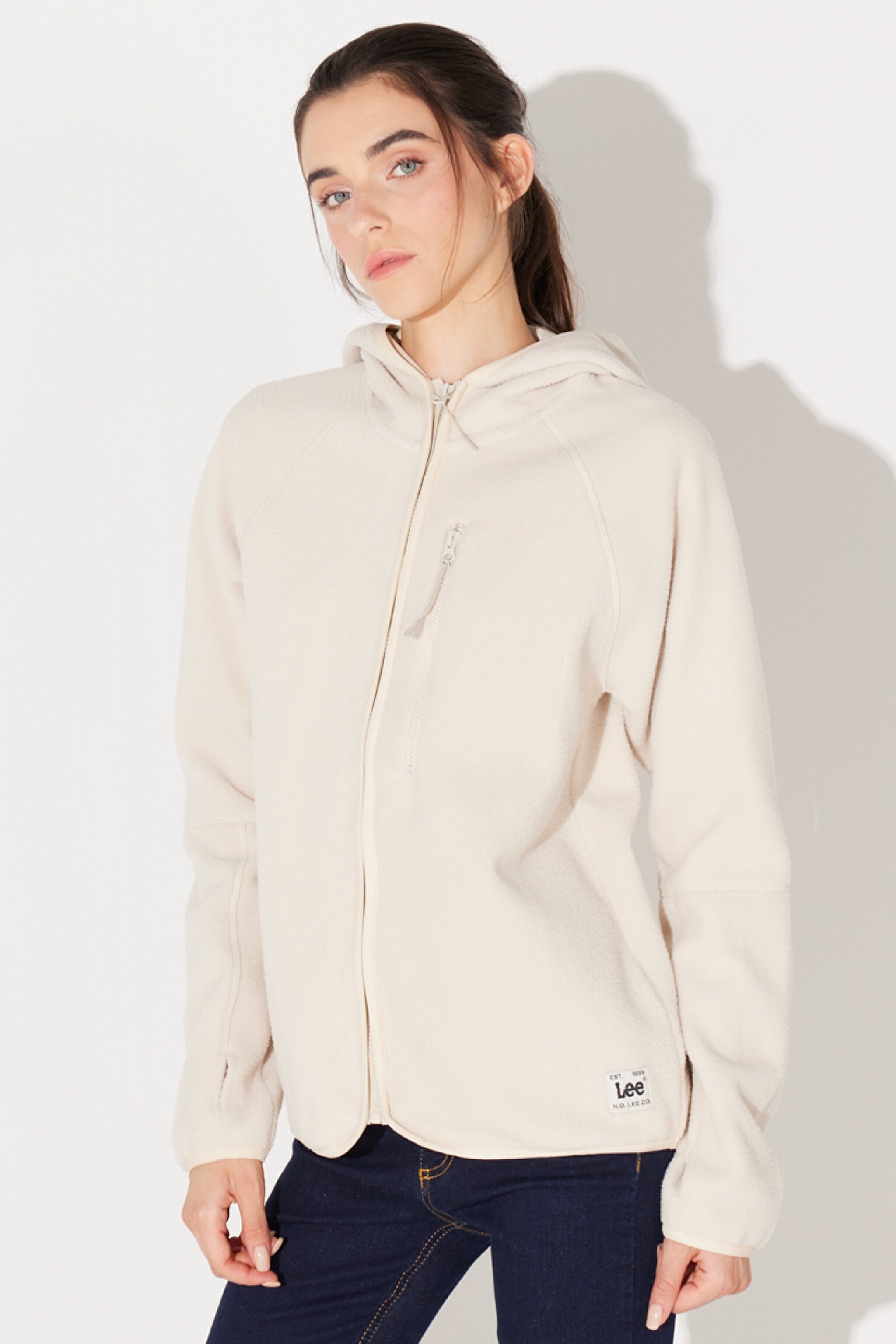 Regular Fit Normal Kesim Kapüşonlu Tam Fermuarlı Ekru Sherpa Ceket - Ecru-L232371104