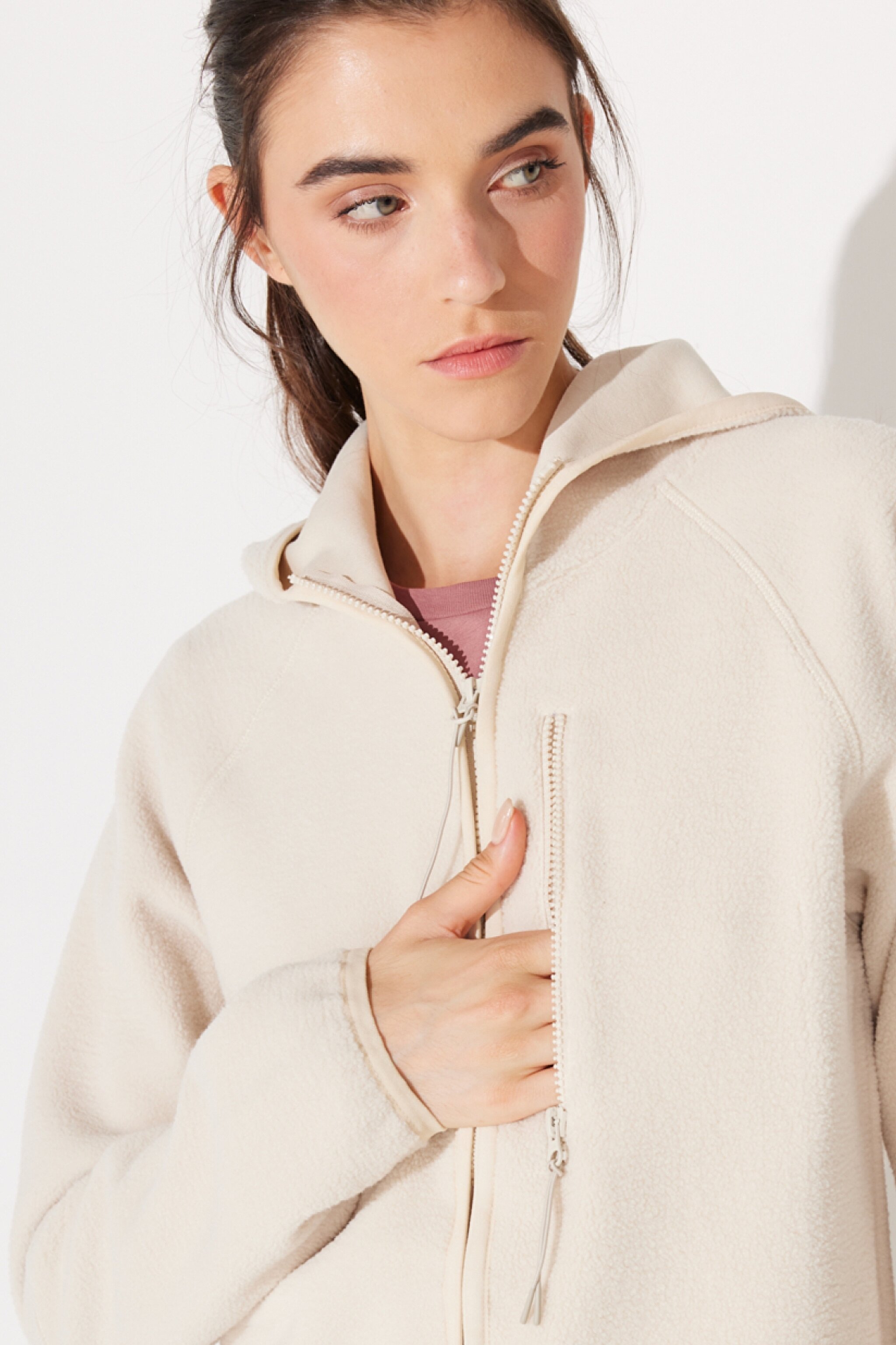 Regular Fit Normal Kesim Kapüşonlu Tam Fermuarlı Ekru Sherpa Ceket - Ecru-L232371104 (görsel 5)