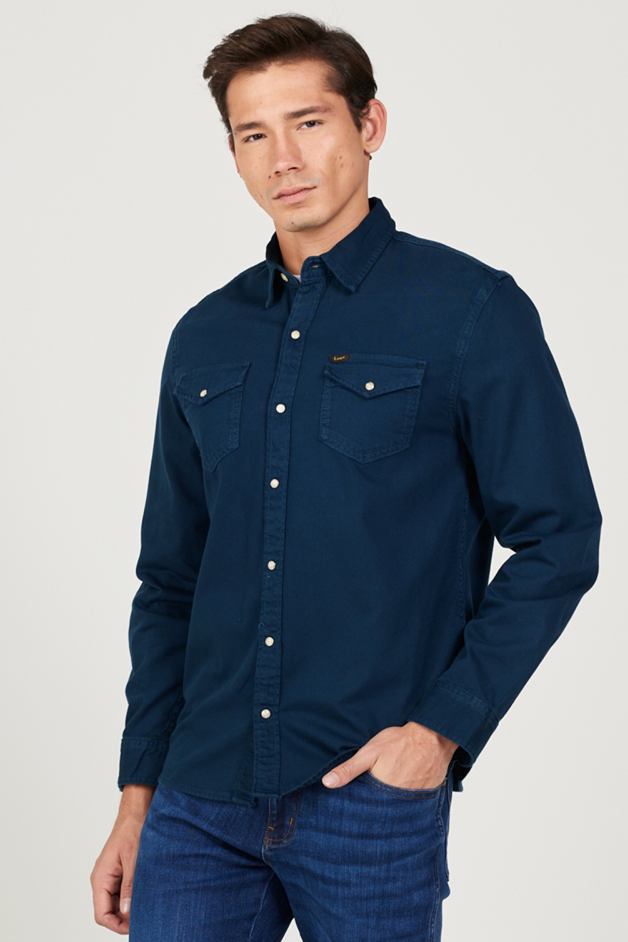 Regular Fit Normal Kesim %100 Pamuk Lacivert Uzun Kollu Gömlek - Navy-L232380410 (görsel 3)