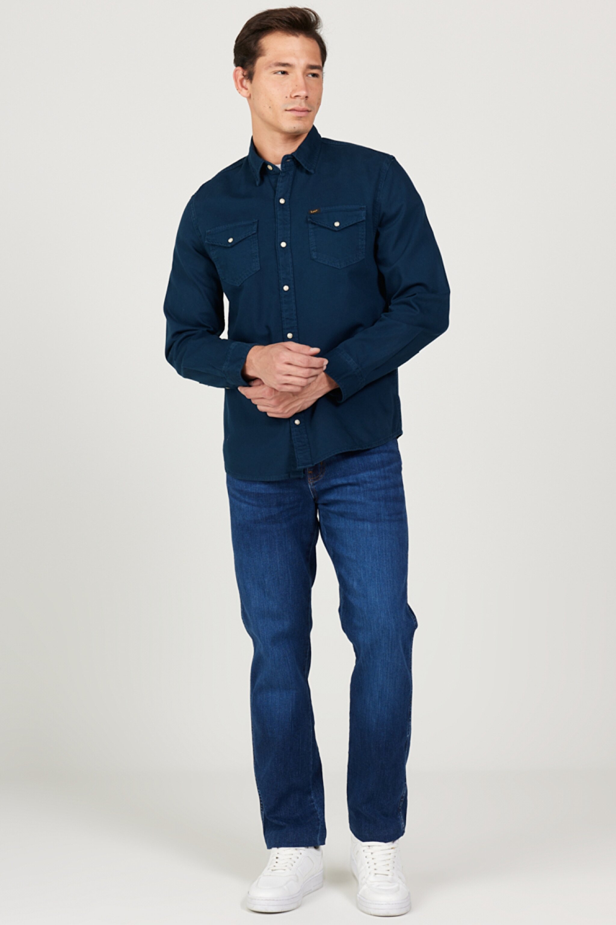 Regular Fit Normal Kesim %100 Pamuk Lacivert Uzun Kollu Gömlek - Navy-L232380410 (görsel 5)