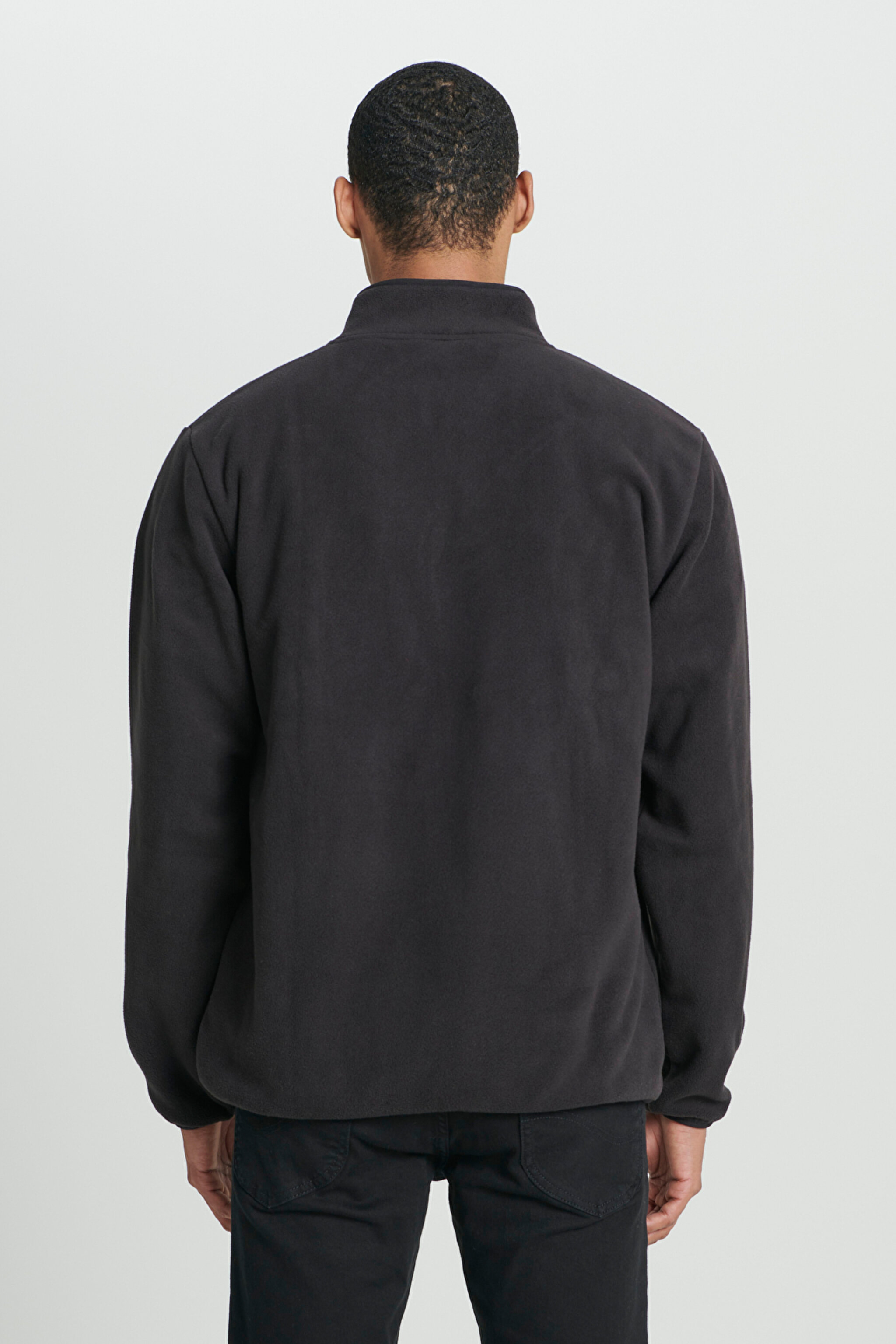 Regular Fit Normal Kesim Dik Yaka Yarım Fermuarlı Siyah Polar - Black-L232381001 (görsel 6)