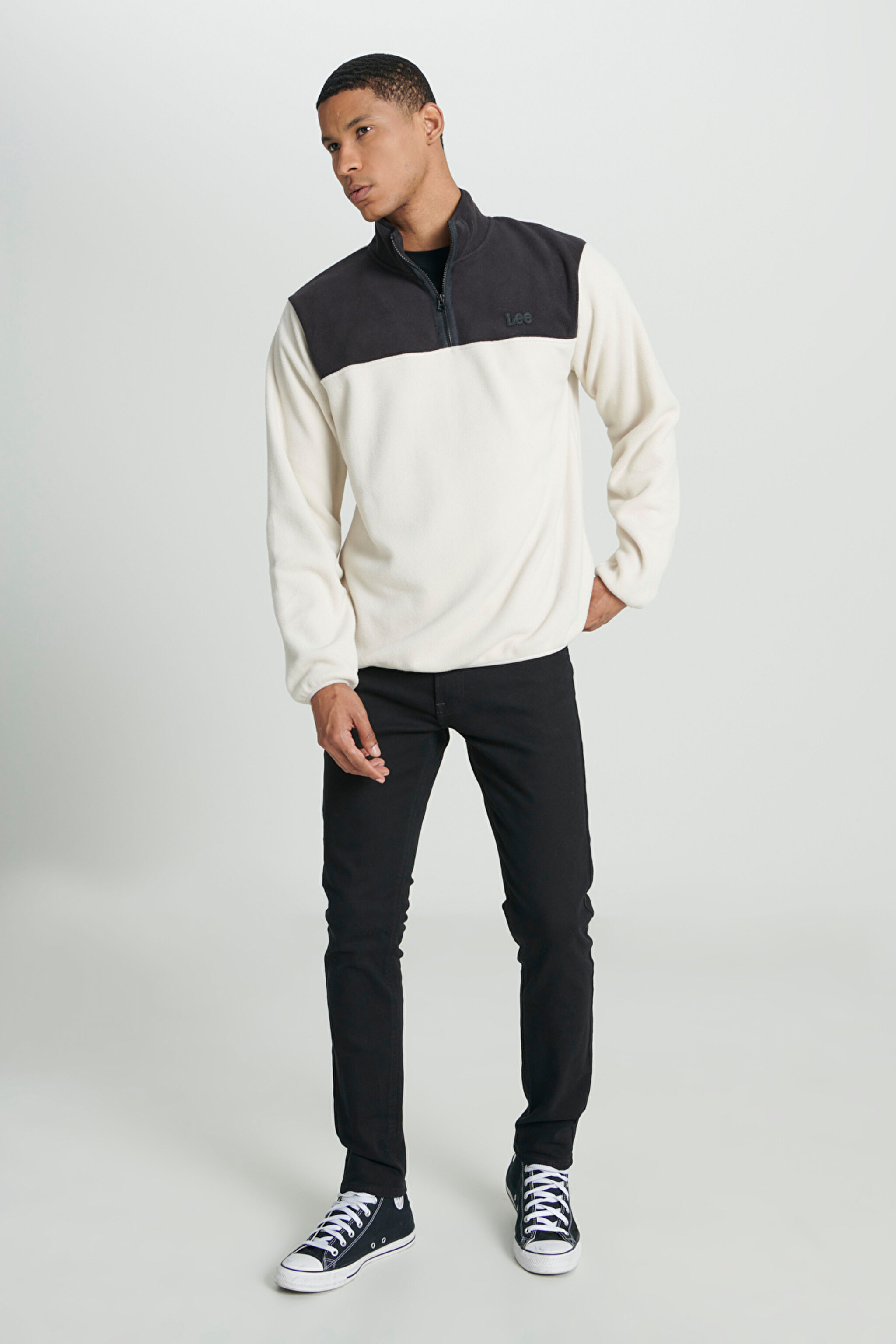 Regular Fit Normal Kesim Dik Yaka Yarım Fermuarlı Kırık Beyaz Polar - Off White-L232381102 (görsel 3)