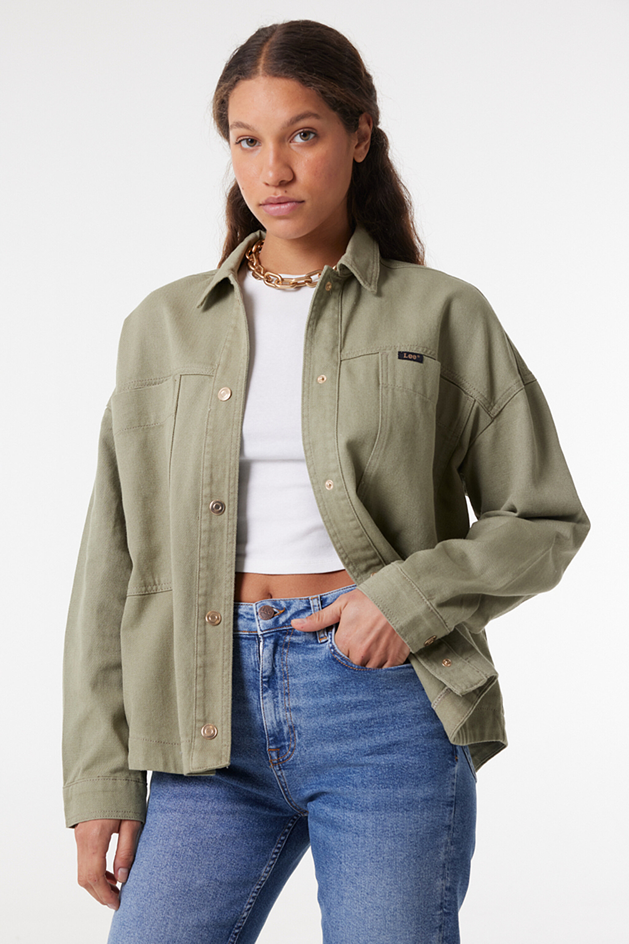 Oversize Fit Geniş Kesim Çıtçıtlı Açık Yeşil Gömlek - Olive Green-L23240172