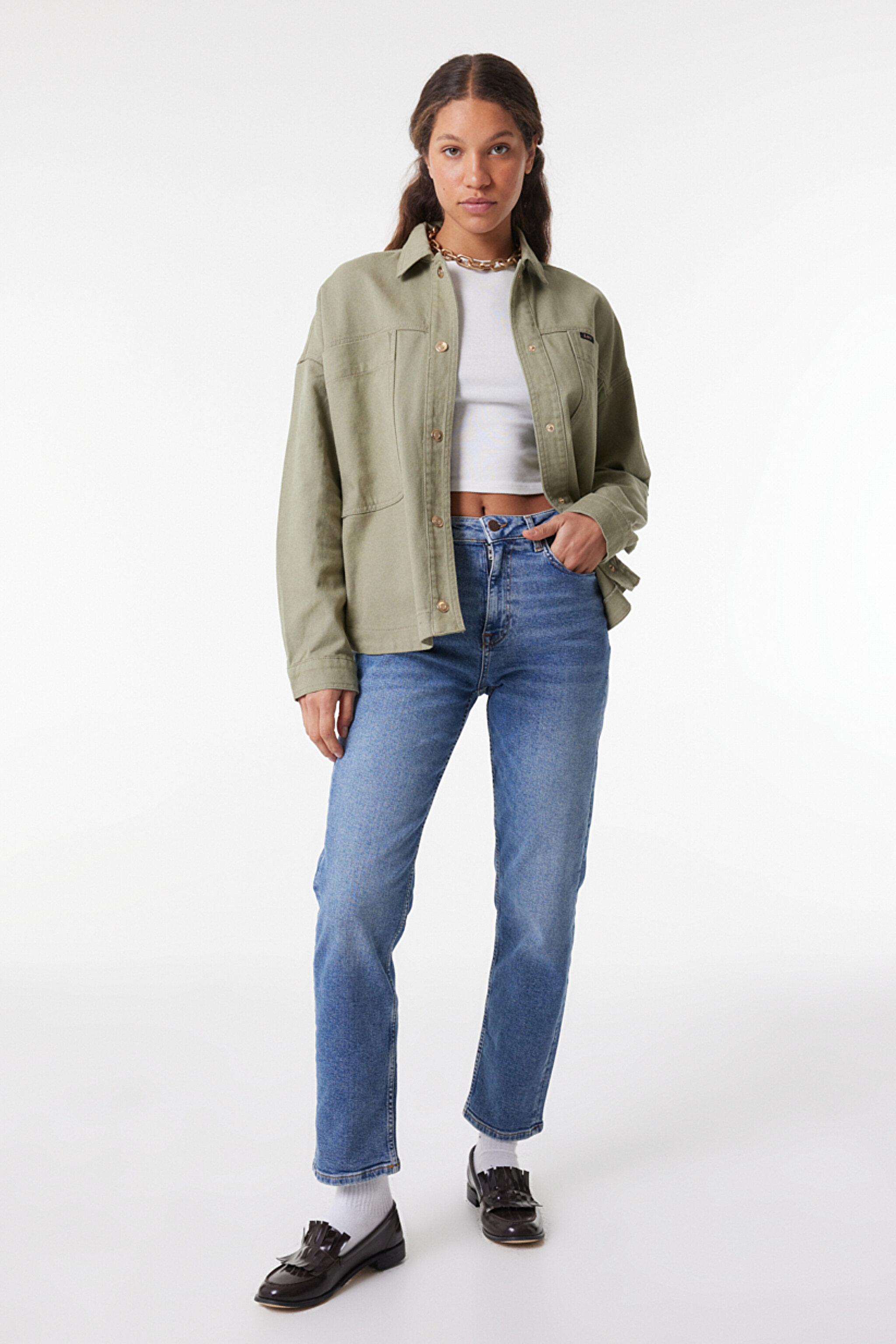 Oversize Fit Geniş Kesim Çıtçıtlı Açık Yeşil Gömlek - Olive Green-L23240172 (görsel 2)