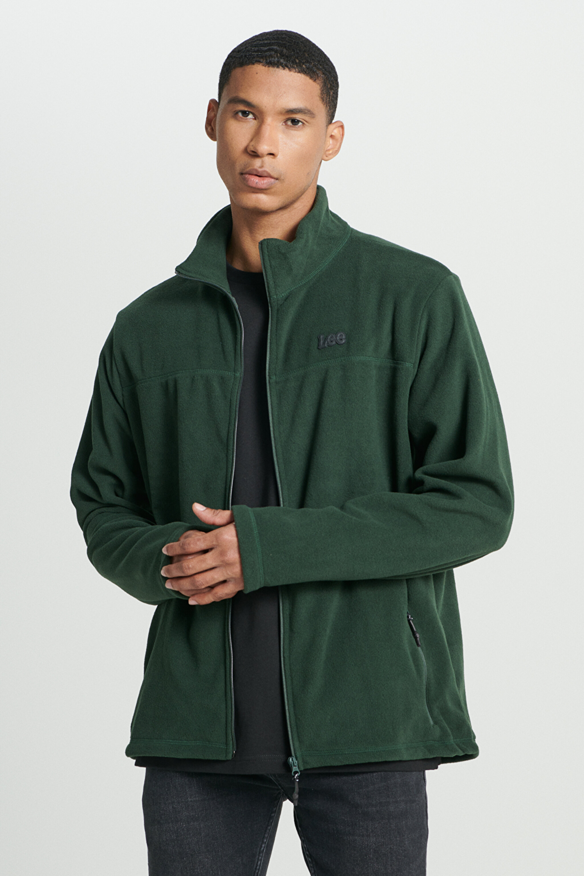 Regular Fit Normal Kesim Dik Yaka Fermuarlı Yeşil Polar Ceket