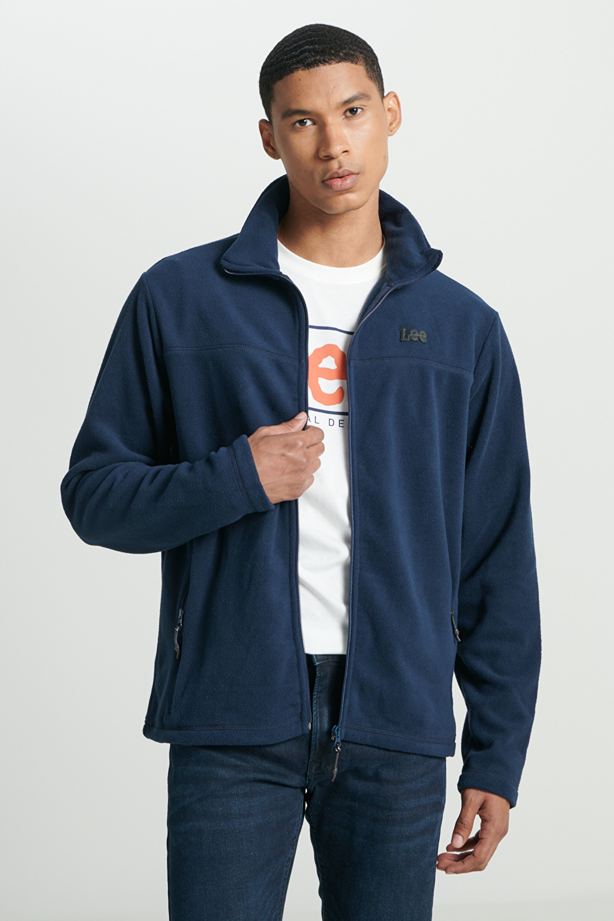 Regular Fit Normal Kesim Dik Yaka Fermuarlı Lacivert Polar Ceket