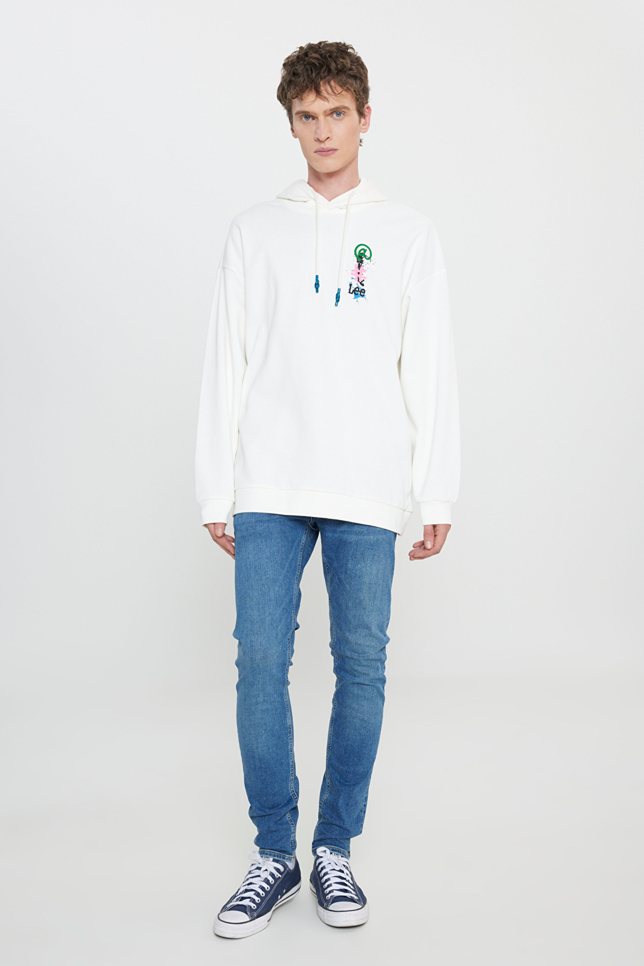 Loose Fit Rahat Kesim Kapüşonlu İçi Polarlı Sırt Baskılı Kırık Beyaz Sweatshirt - Off White-L232447102 (görsel 3)