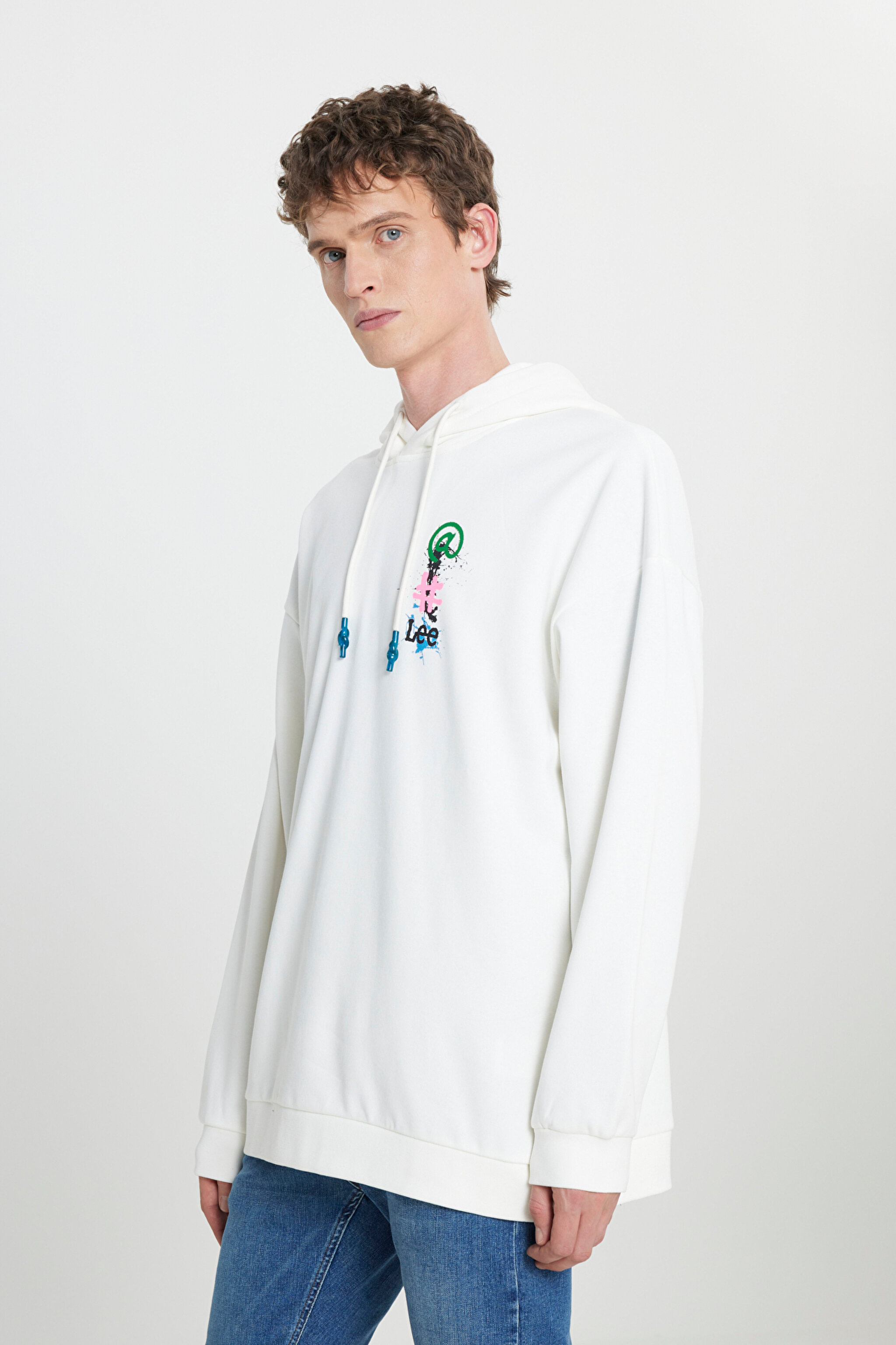Loose Fit Rahat Kesim Kapüşonlu İçi Polarlı Sırt Baskılı Kırık Beyaz Sweatshirt - Off White-L232447102 (görsel 5)