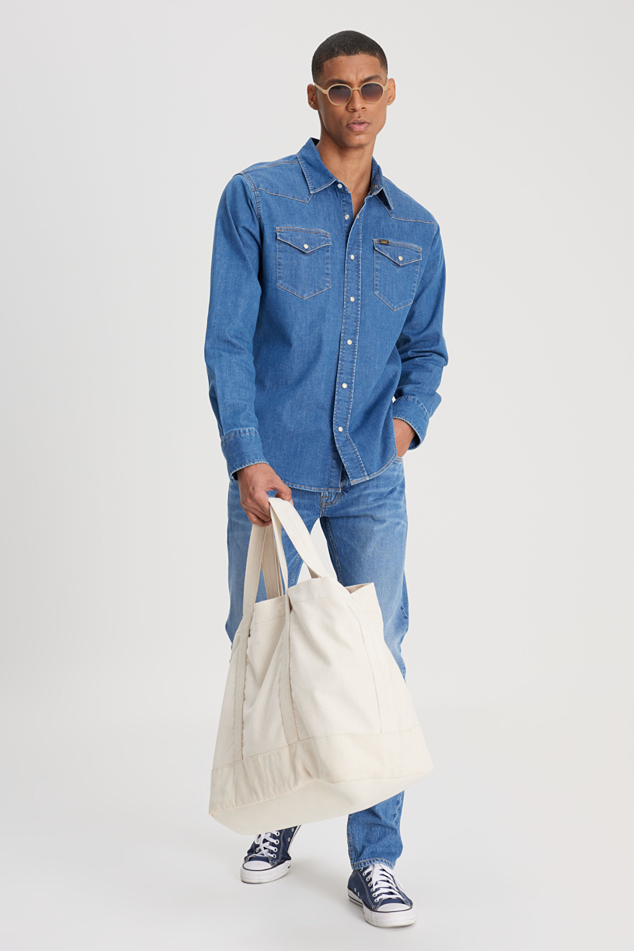 Regular Fit Normal Kesim %100 Pamuk Mavi Uzun Kollu Jean Denim Kot Gömlek - Mid Stone-L23248855 (görsel 3)