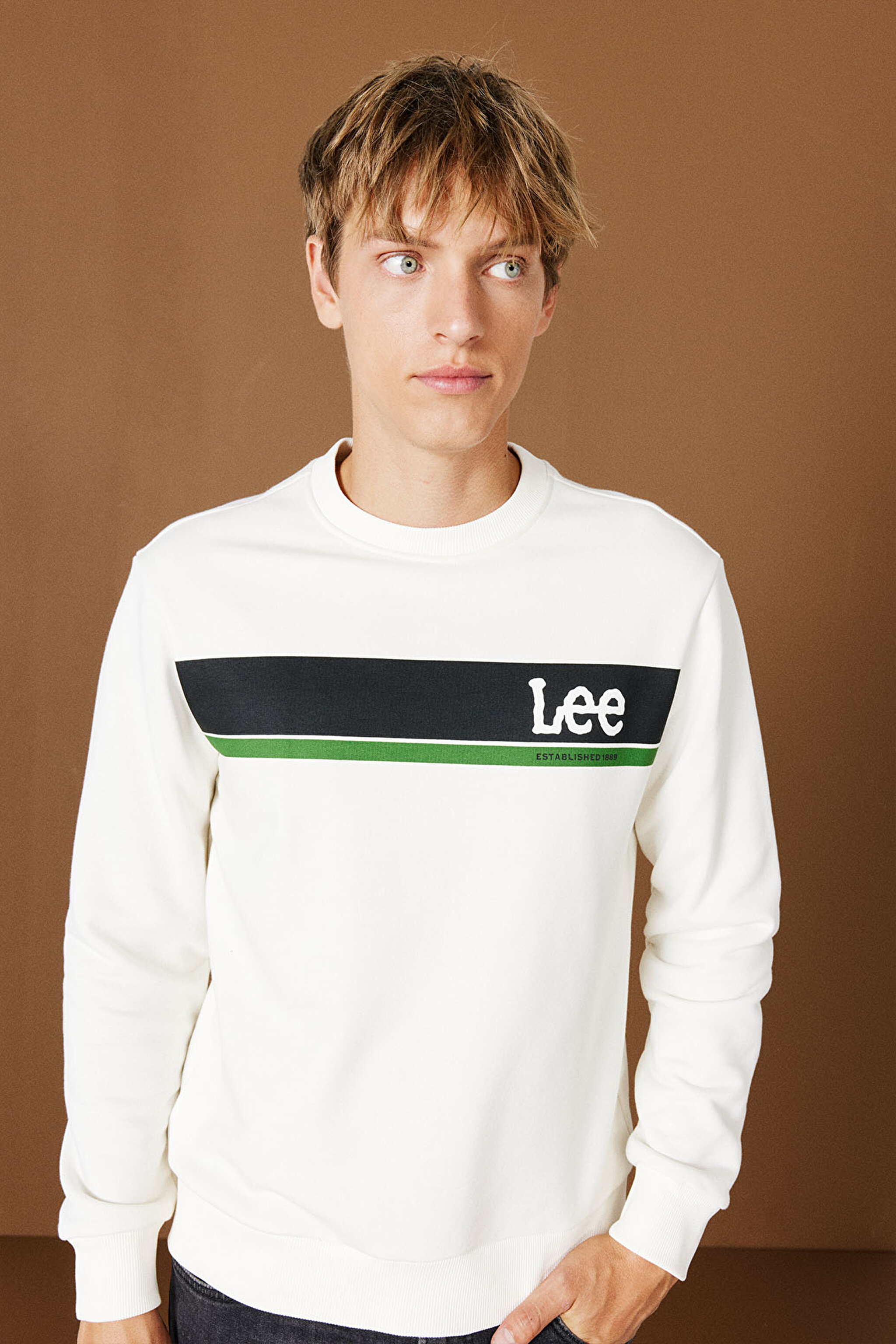 Regular Fit Normal Kesim Bisiklet Yaka Kırık Beyaz Sweatshirt