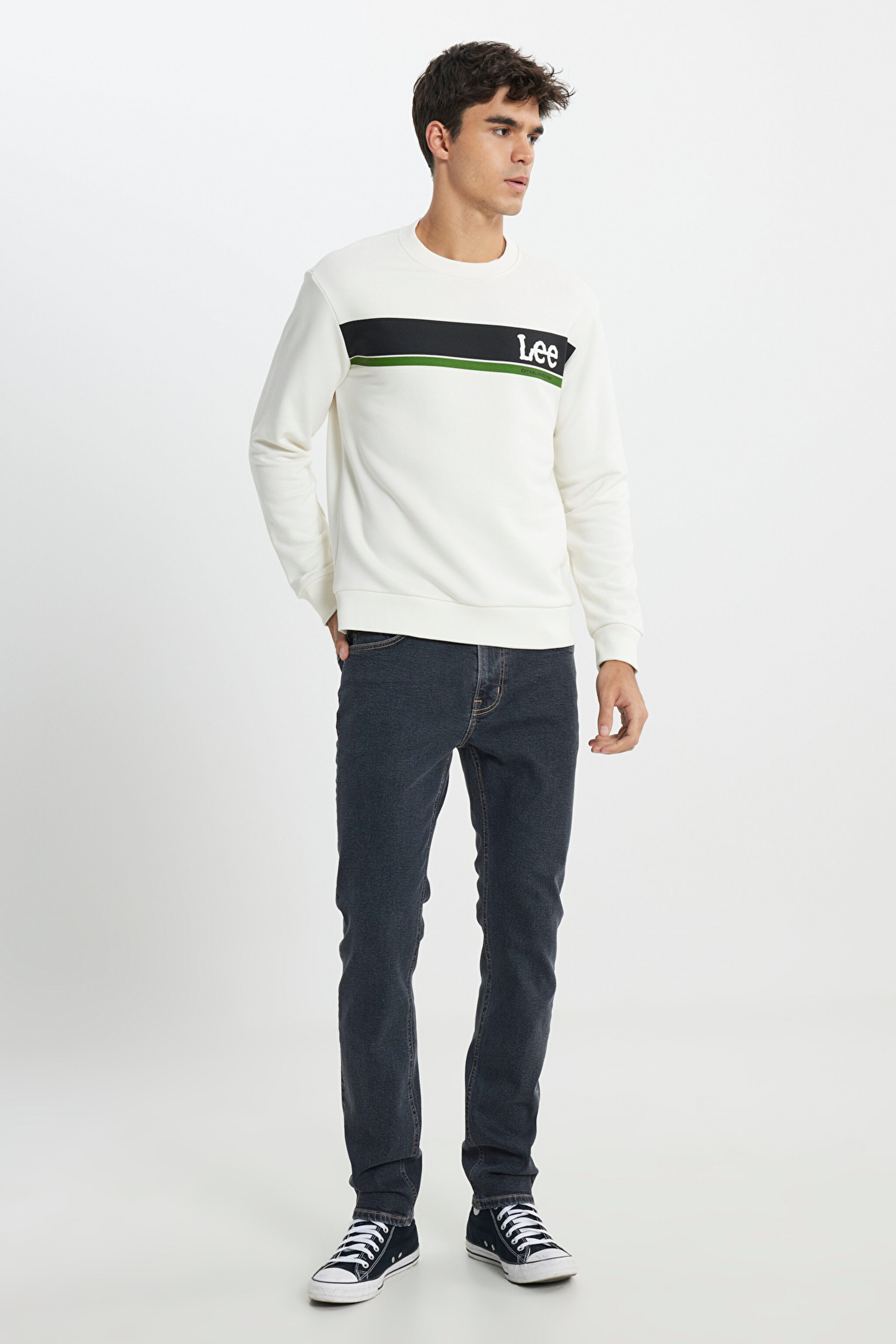 Regular Fit Normal Kesim Bisiklet Yaka Kırık Beyaz Sweatshirt - Off White-L232501102 (görsel 3)