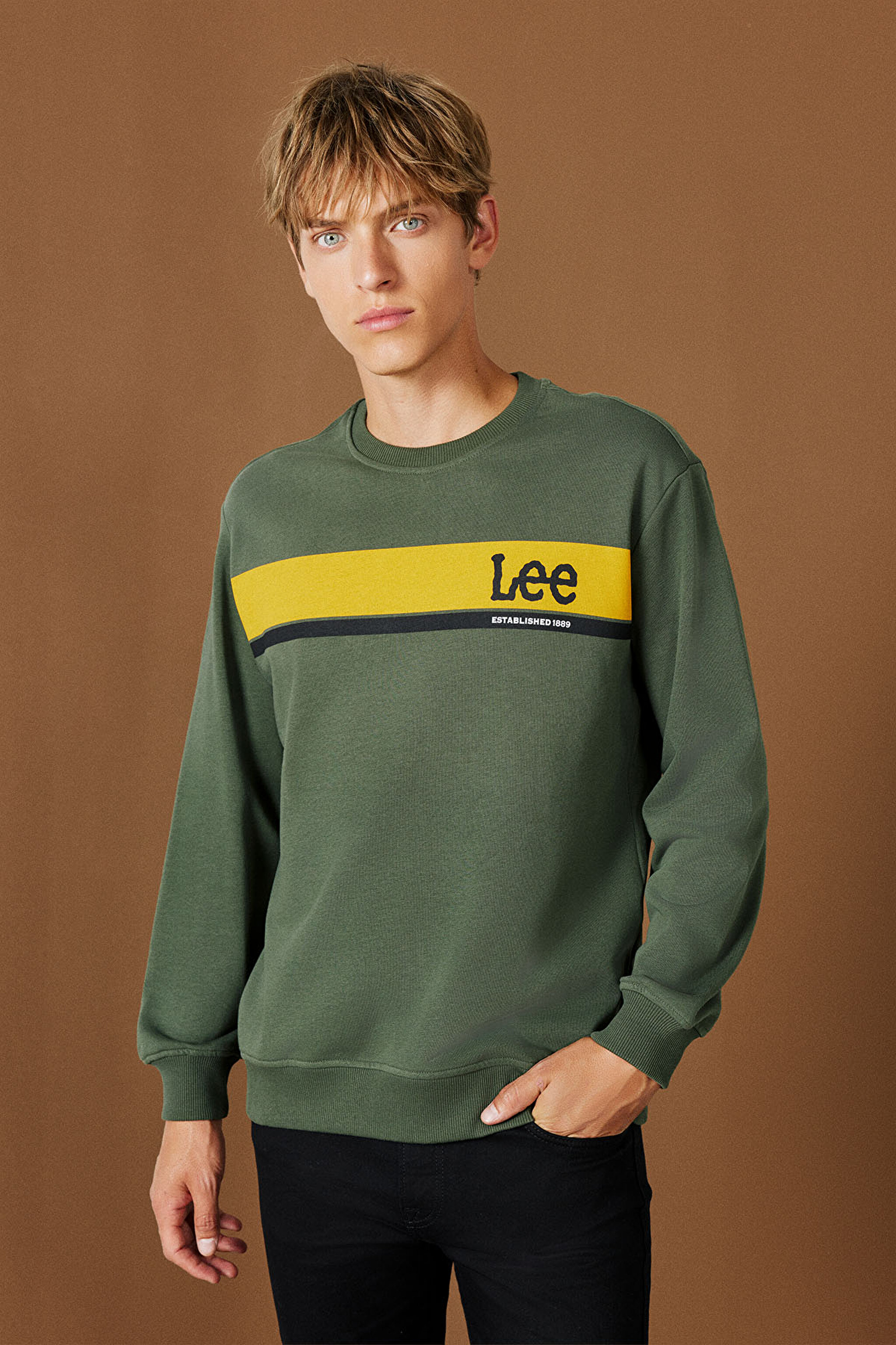 Regular Fit Normal Kesim Bisiklet Yaka Haki Sweatshirt