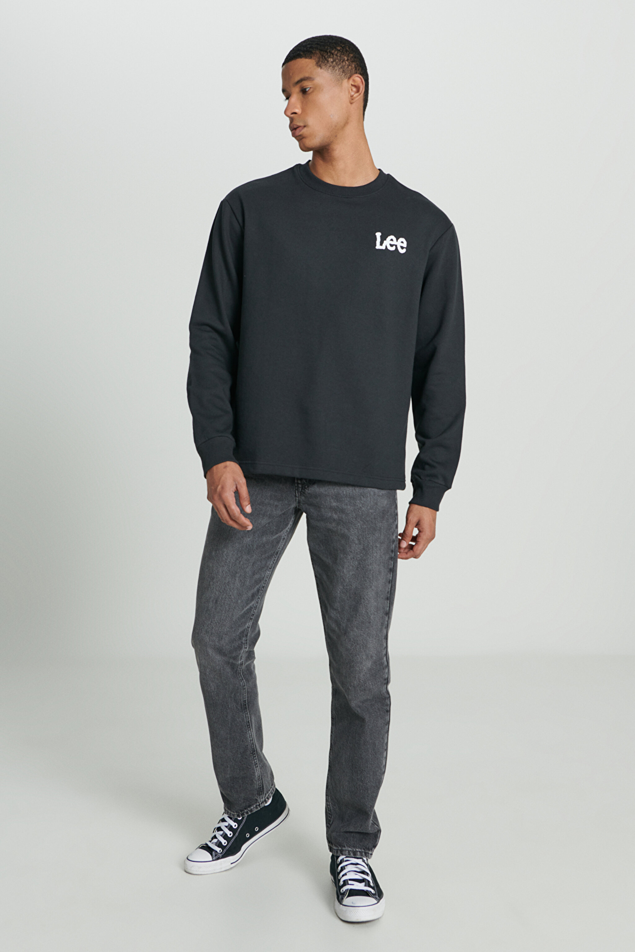 Regular Fit Normal Kesim Bisiklet Yaka Şardonlu Logolu Siyah Sweatshirt - Black-L232518001 (görsel 5)