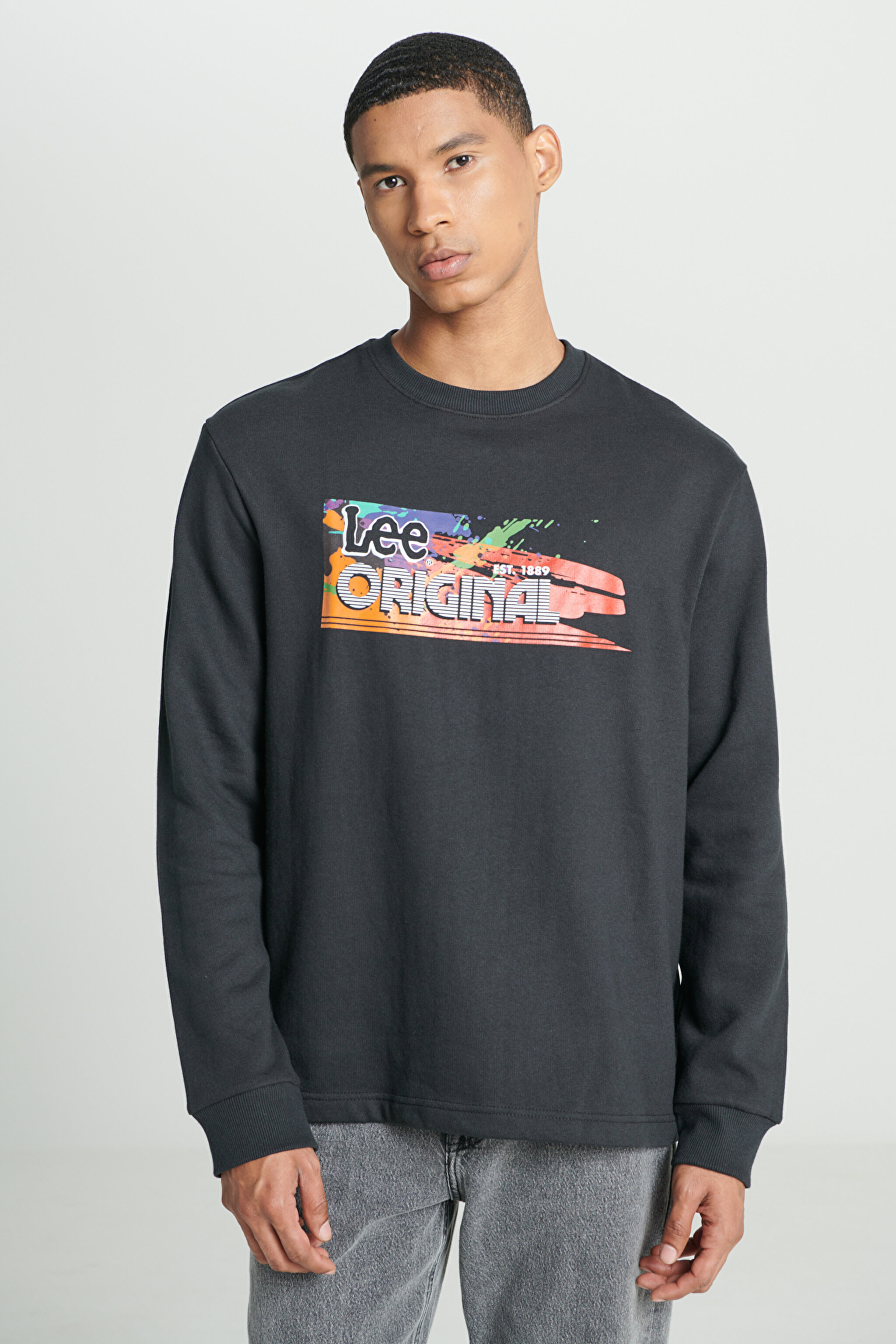 Regular Fit Normal Kesim Bisiklet Yaka Şardonlu Siyah Sweatshirt - Black-L232519001 (görsel 2)