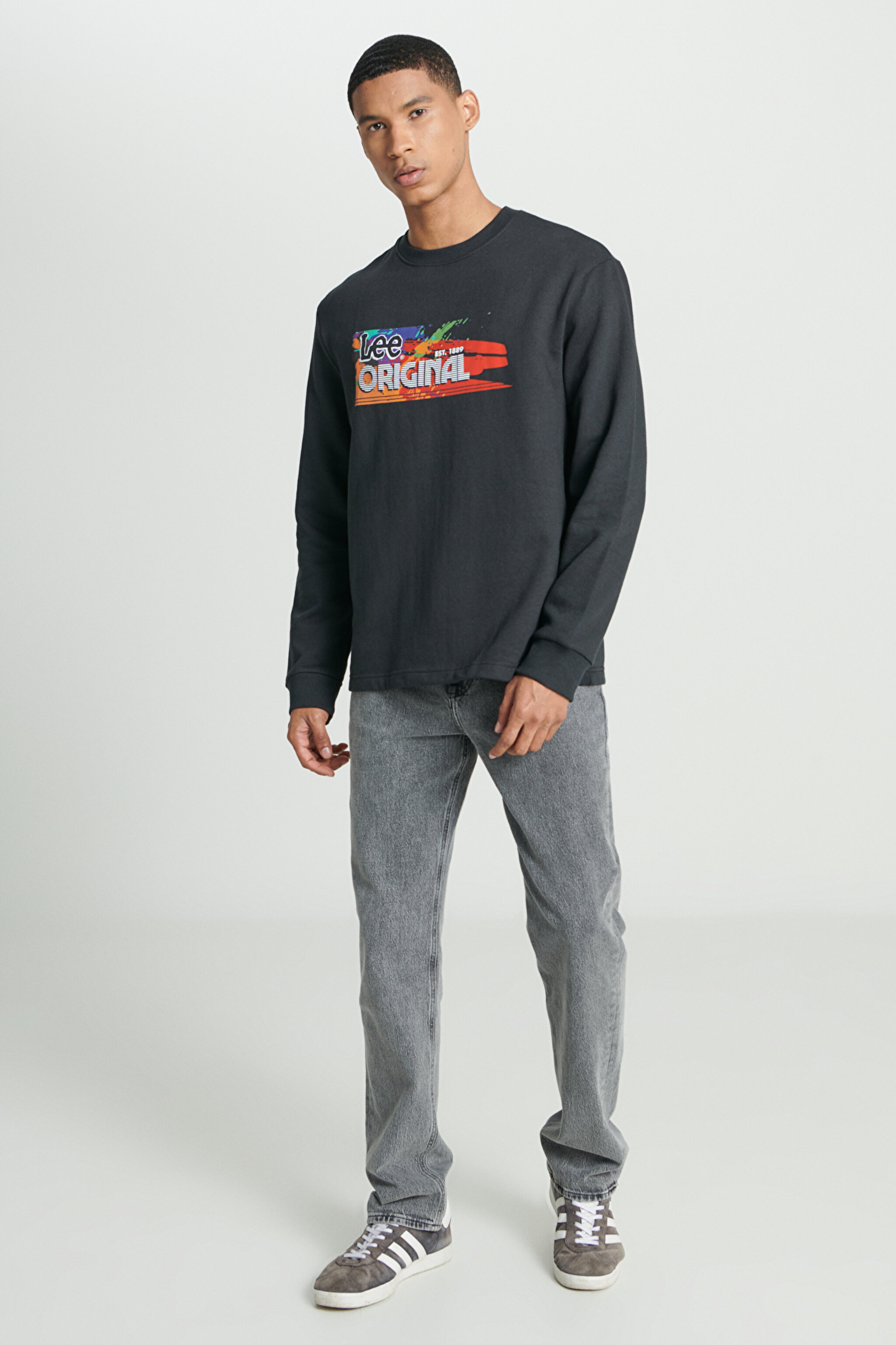 Regular Fit Normal Kesim Bisiklet Yaka Şardonlu Siyah Sweatshirt - Black-L232519001 (görsel 3)