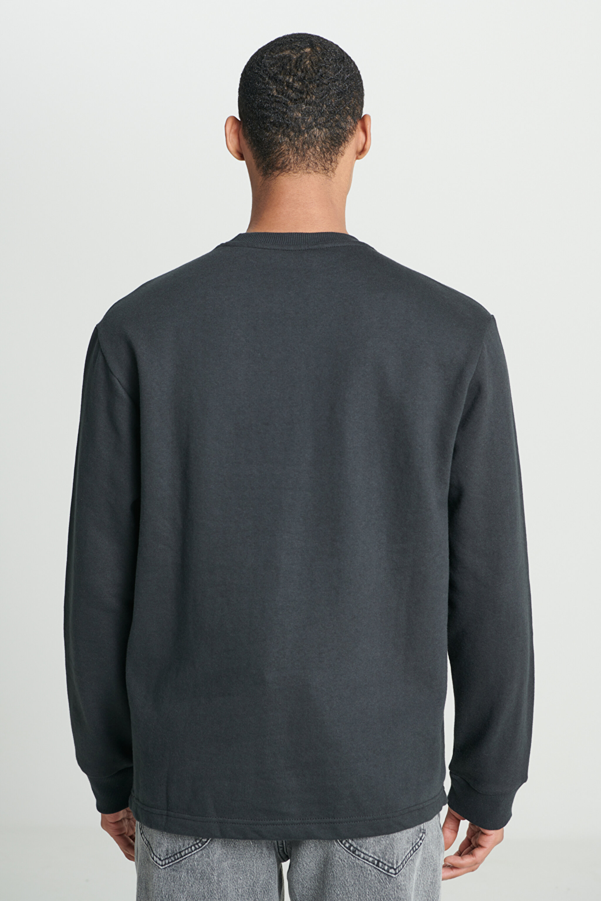 Regular Fit Normal Kesim Bisiklet Yaka Şardonlu Siyah Sweatshirt - Black-L232519001 (görsel 5)