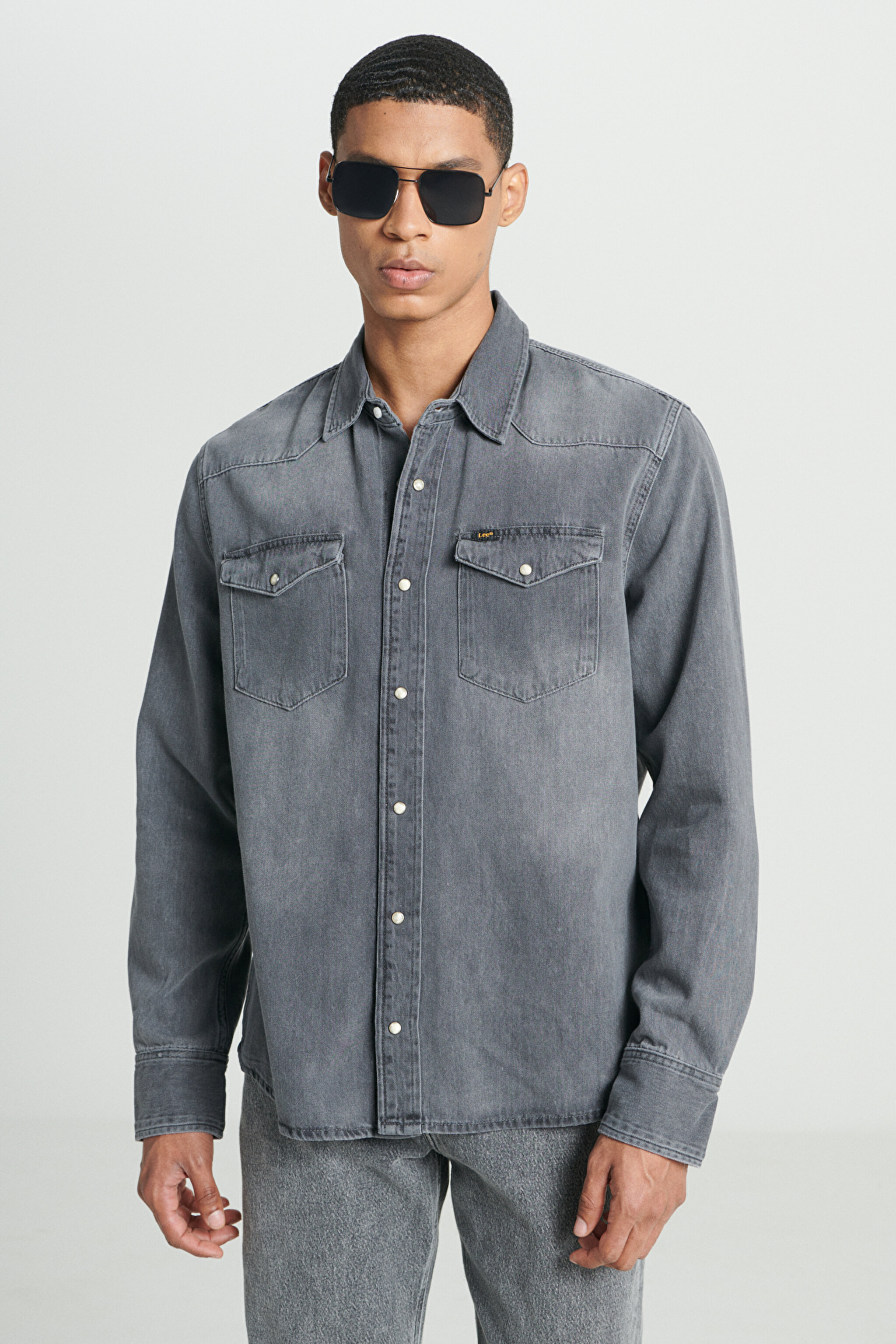 Regular Fit Normal Kesim %100 Pamuk Gri Uzun Kollu Jean Denim Kot Gömlek - Black Authentic-L232520H70 (görsel 2)