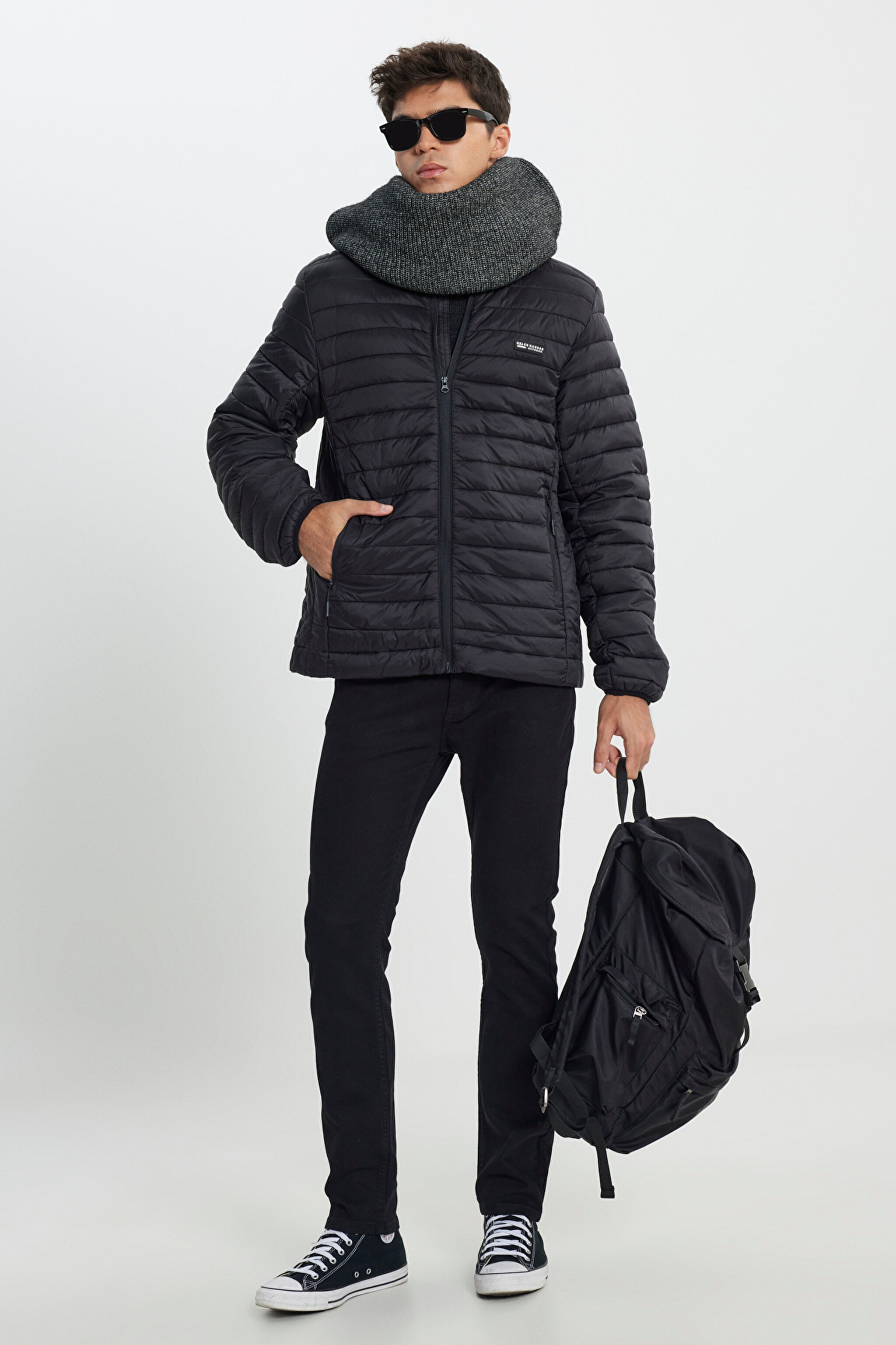 Regular Fit Normal Kesim Dik Yaka Kapitoneli Siyah Şişme Ceket - Black-L232521001 (görsel 4)
