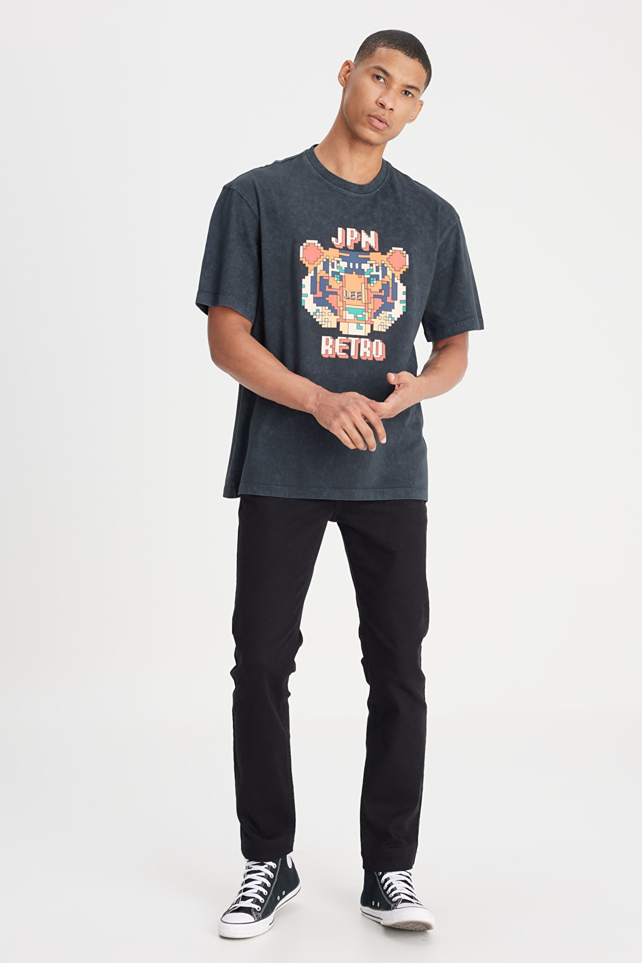 Loose Fit Rahat Kesim Bisiklet Yaka %100 Pamuk Antrasit Tişört - Anthracite-L241188003 (görsel 3)