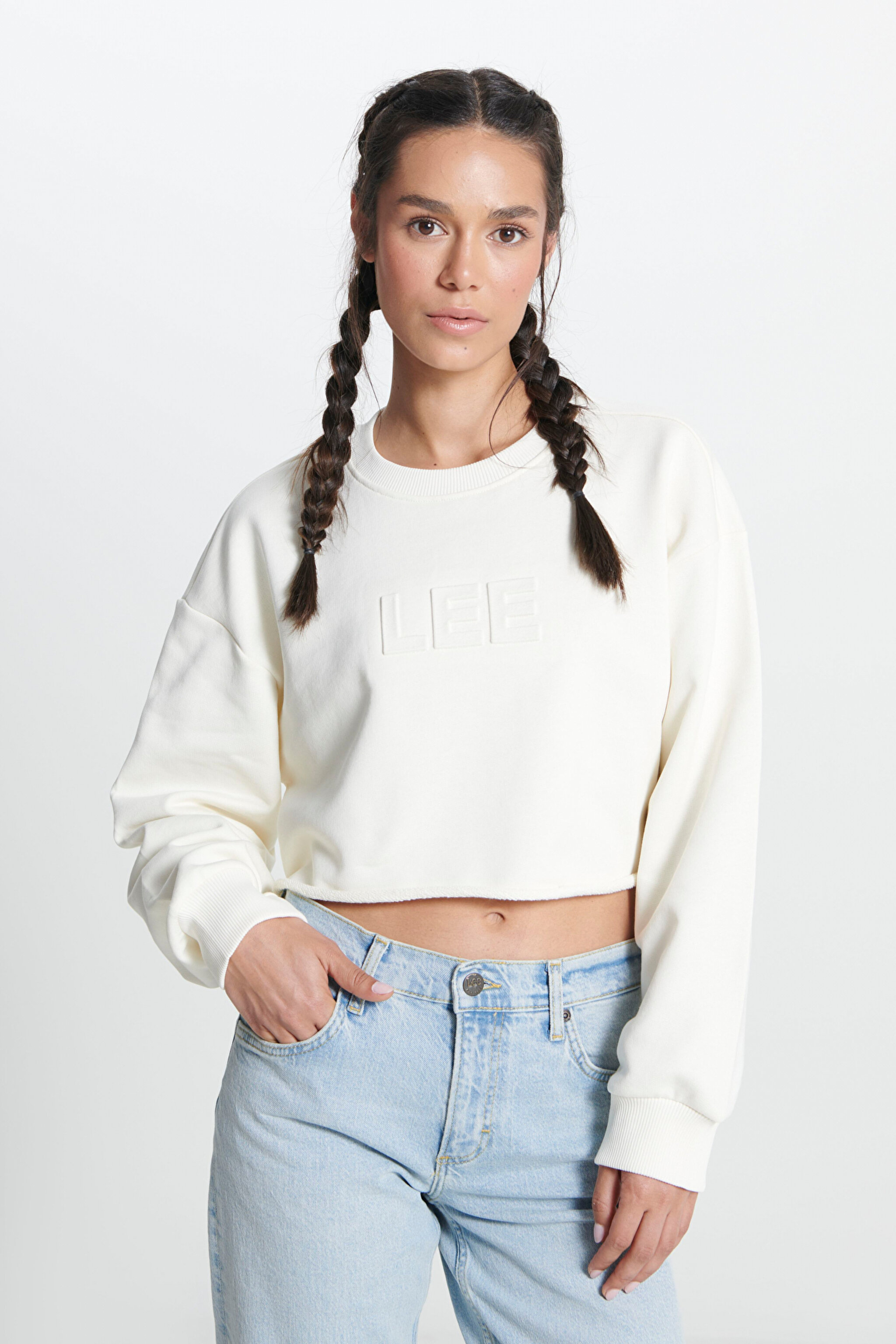 Bisiklet Yaka %100 Pamuk Ekru Crop Sweatshirt