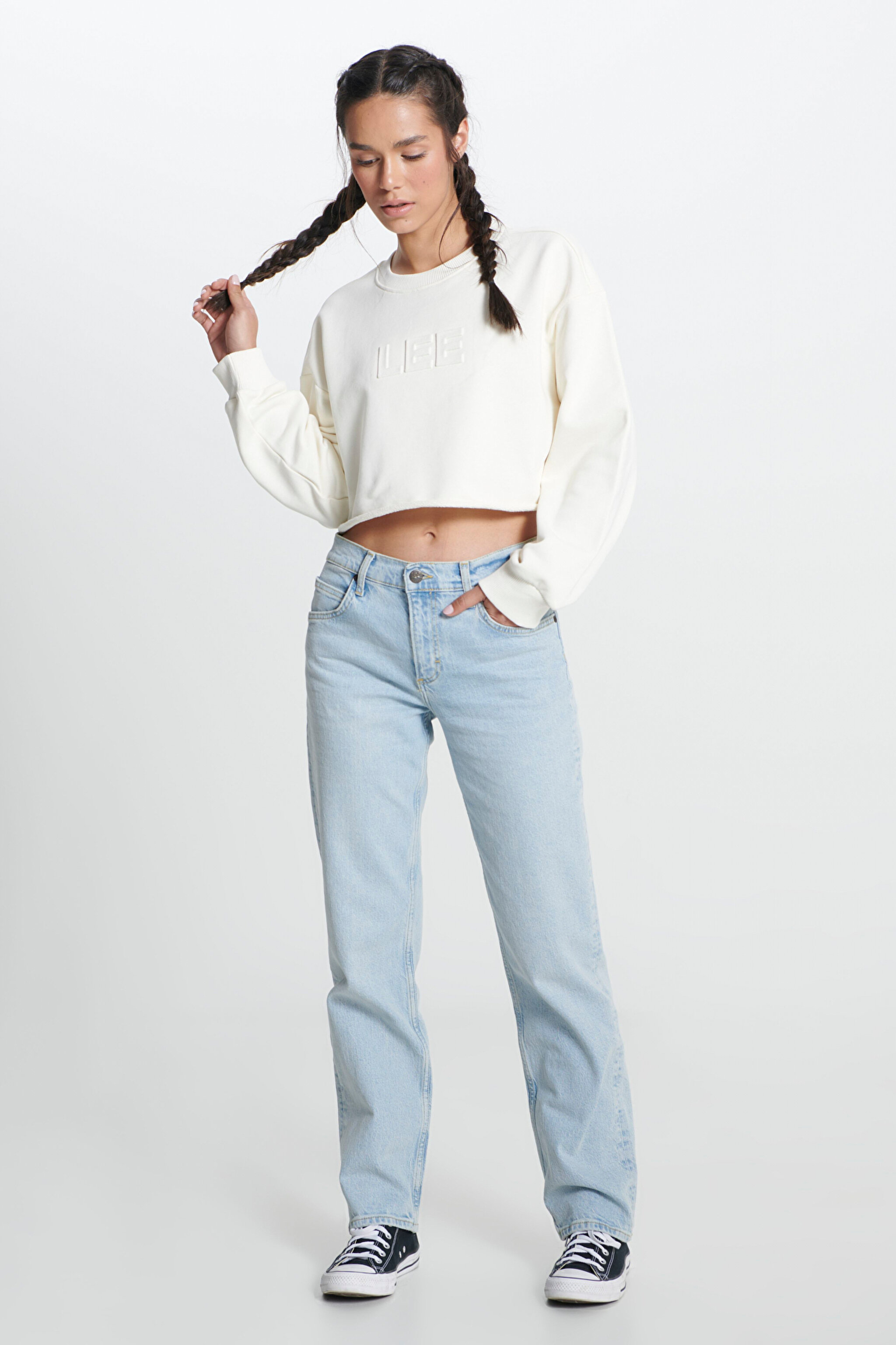 Bisiklet Yaka %100 Pamuk Ekru Crop Sweatshirt - Ecru-L241261NQ (görsel 3)