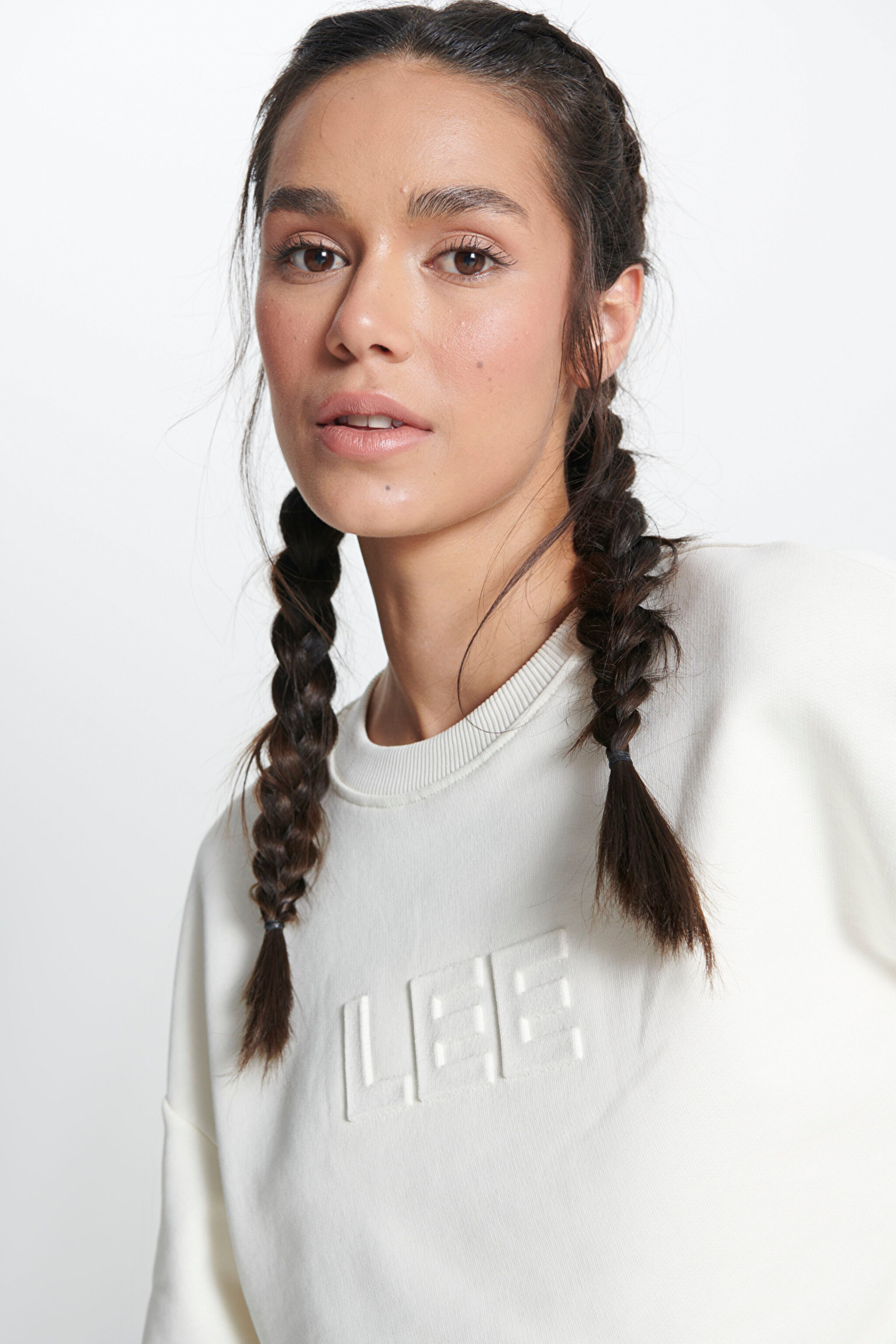 Bisiklet Yaka %100 Pamuk Ekru Crop Sweatshirt - Ecru-L241261NQ (görsel 4)