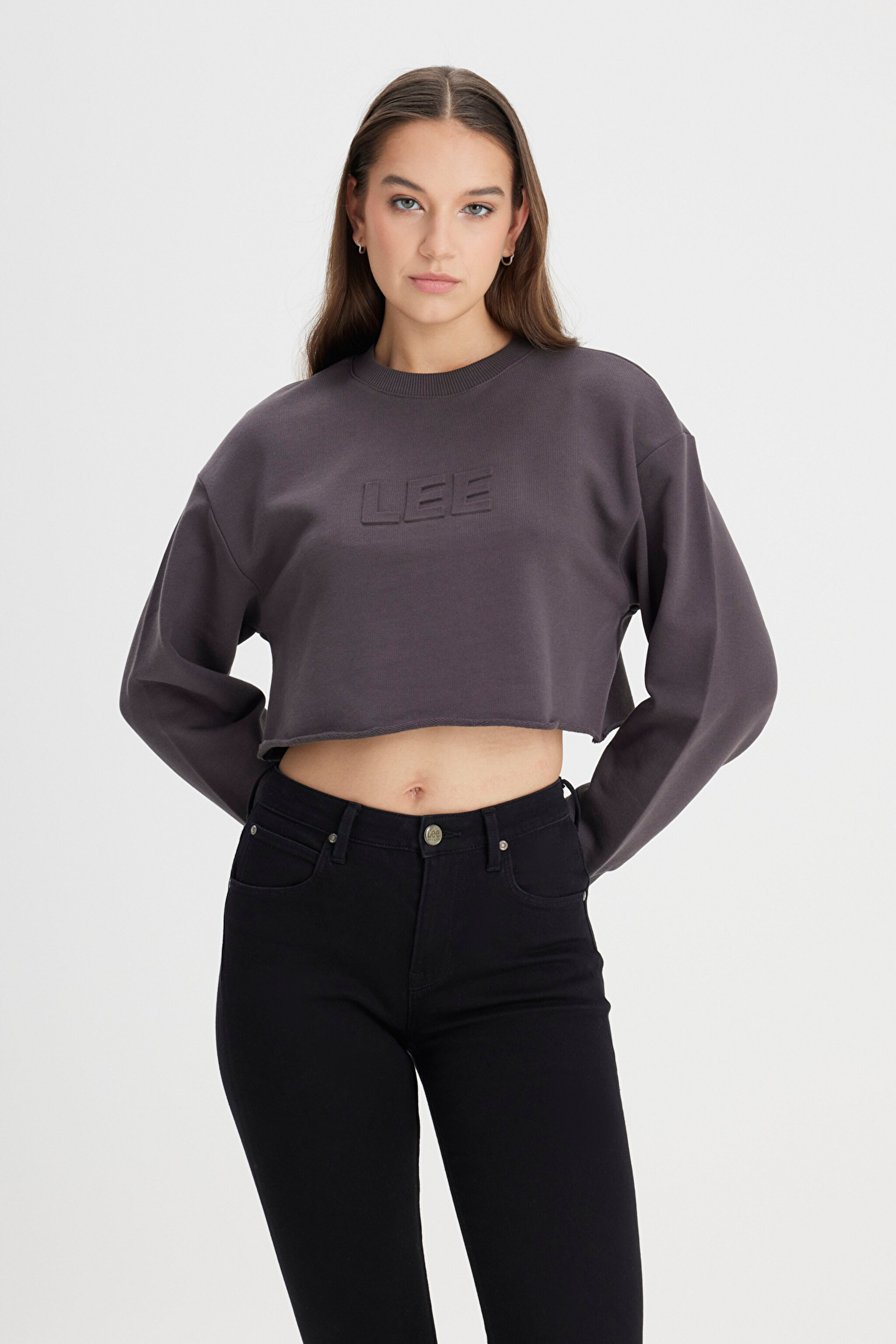 Bisiklet Yaka %100 Pamuk Siyah Crop Sweatshirt - Washed Black-L241261ON (görsel 2)