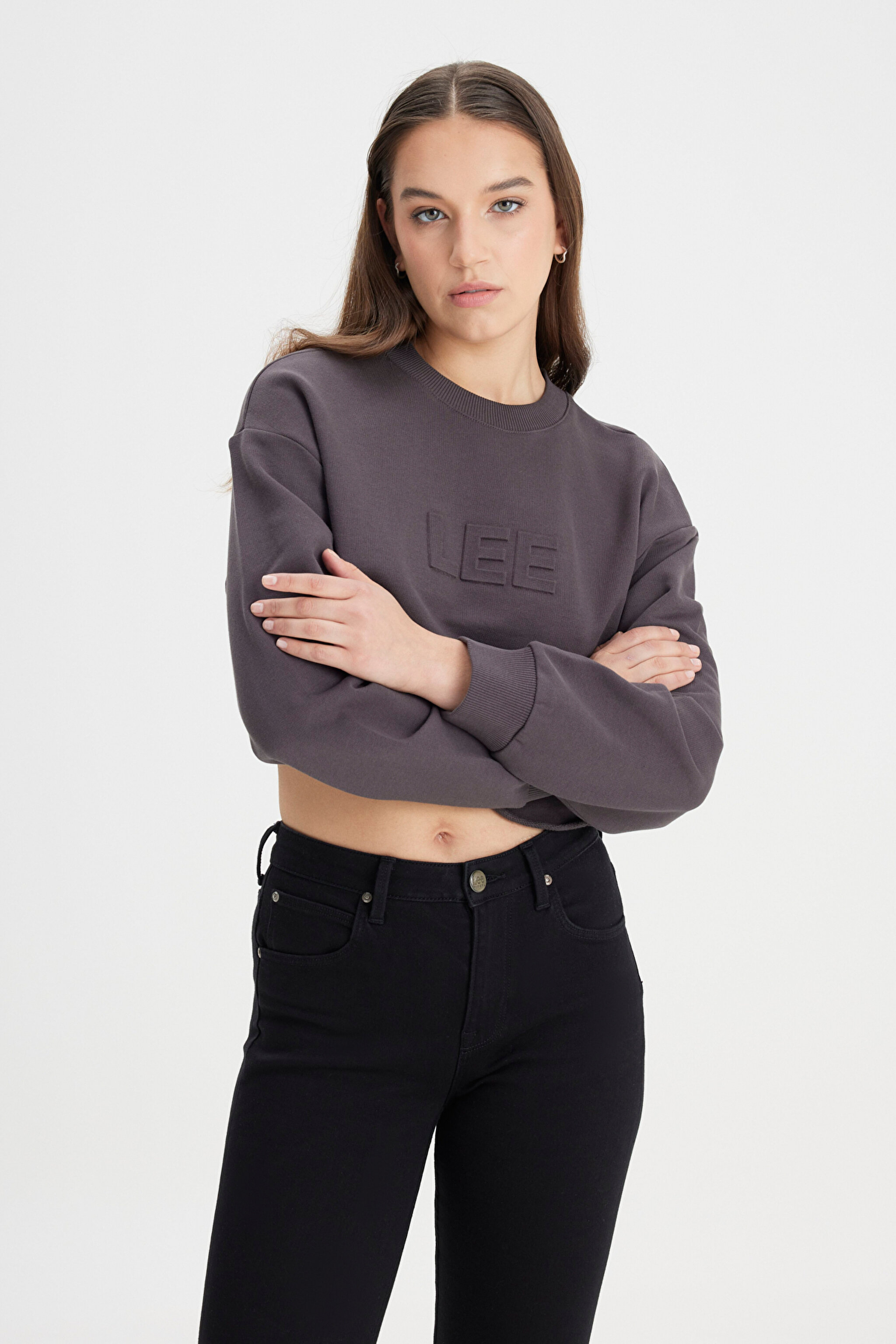 Bisiklet Yaka %100 Pamuk Siyah Crop Sweatshirt - Washed Black-L241261ON (görsel 5)