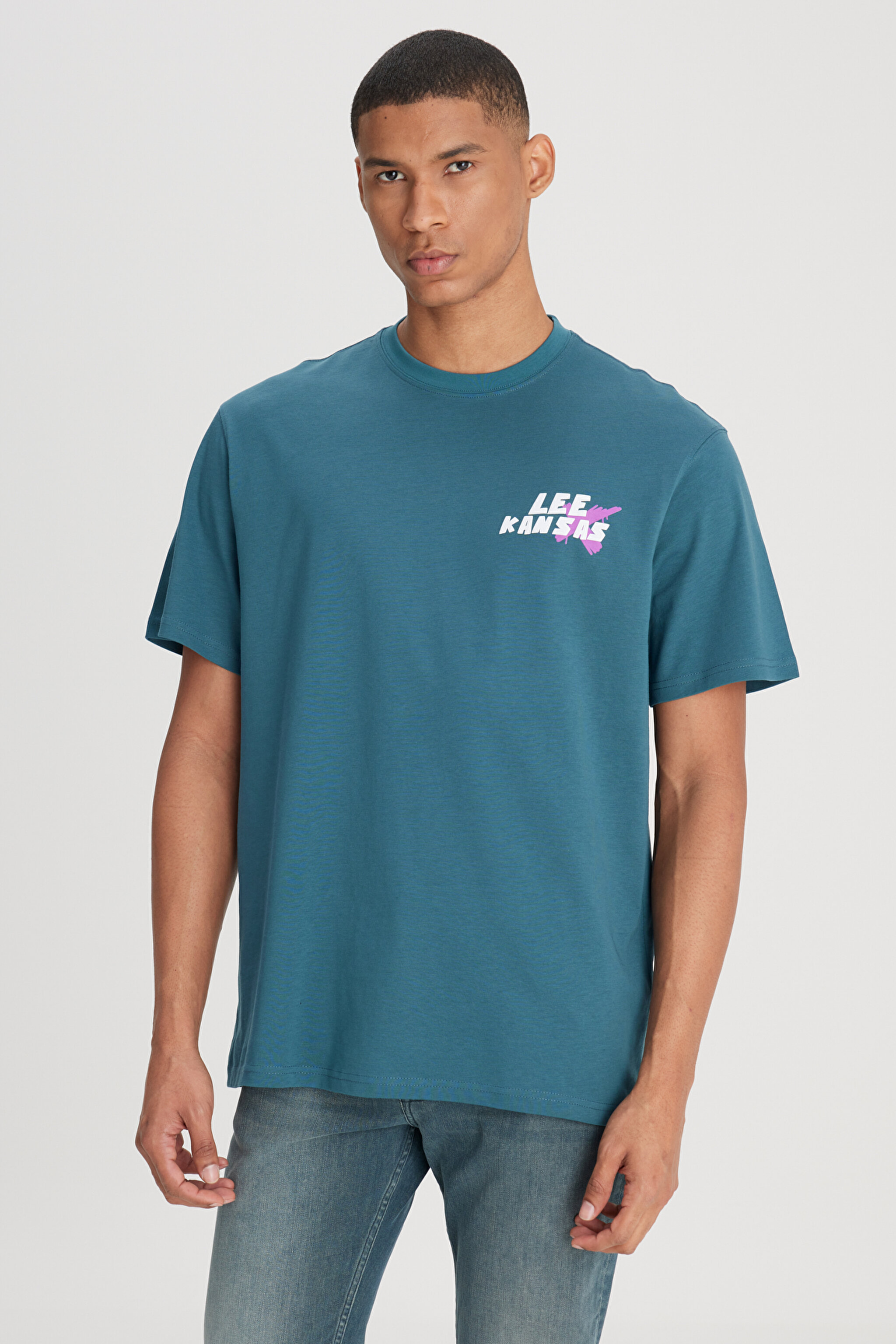 Loose Fit Rahat Kesim Bisiklet Yaka %100 Pamuk Petrol Rengi Tişört - Petrol-L241363405