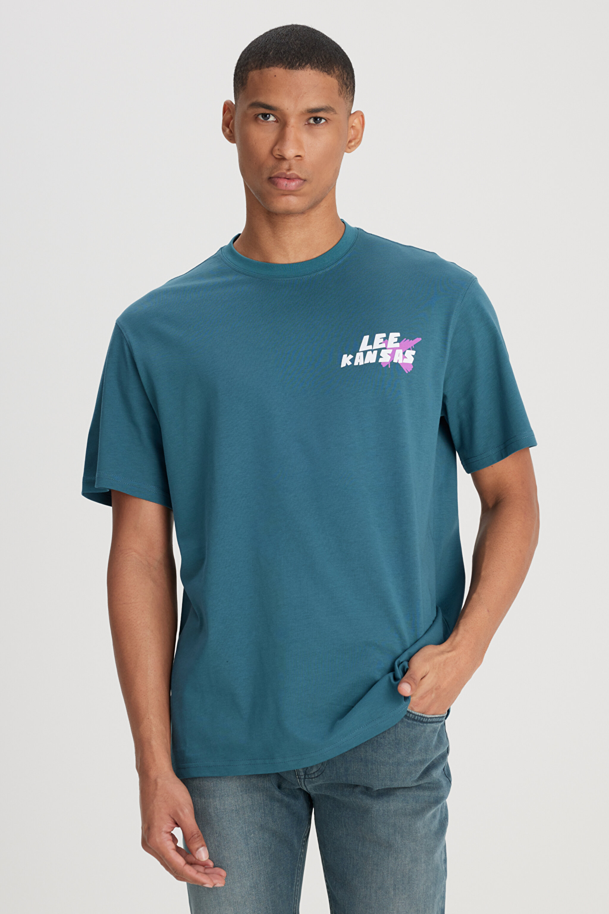Loose Fit Rahat Kesim Bisiklet Yaka %100 Pamuk Petrol Rengi Tişört - Petrol-L241363405 (görsel 2)