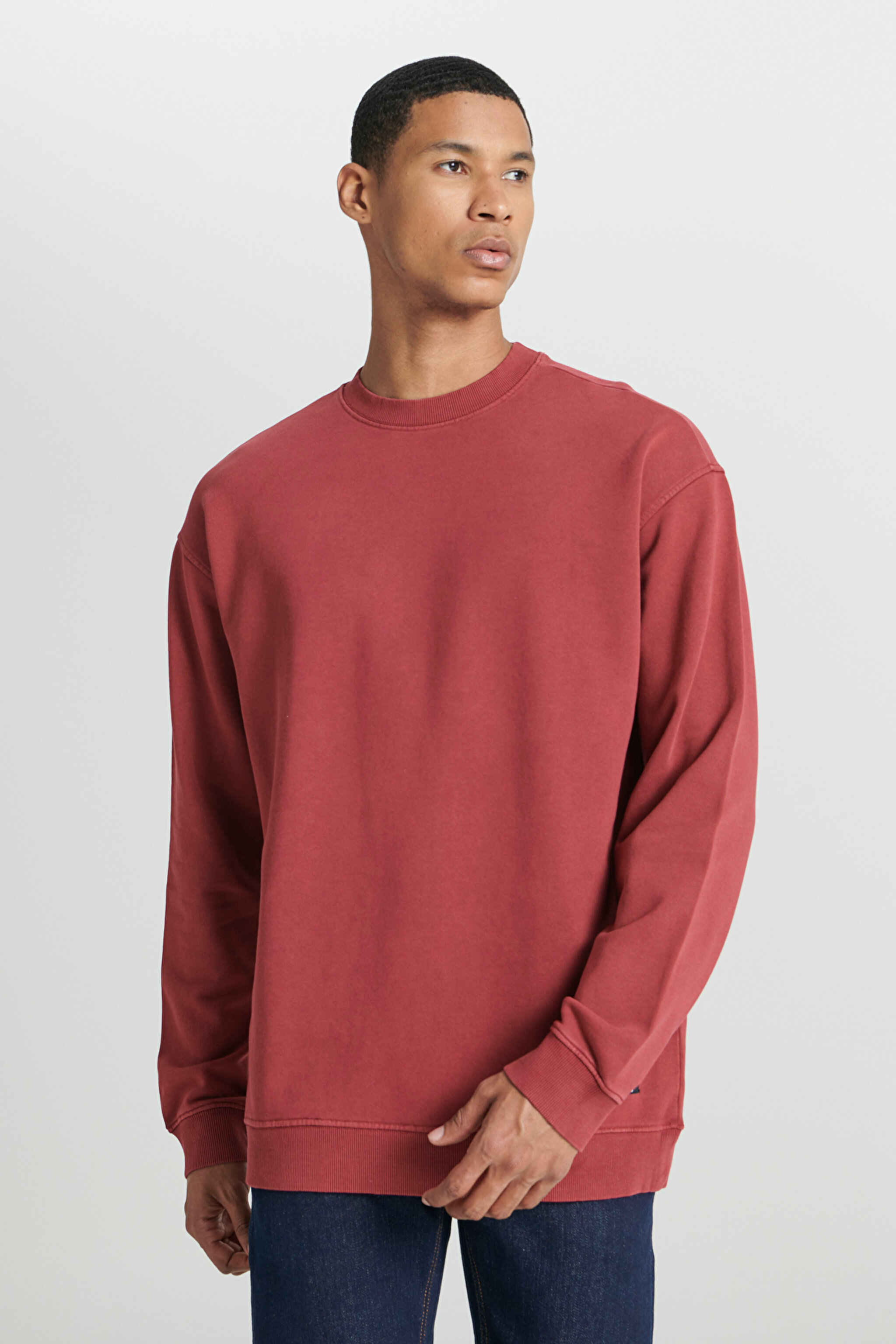 Loose Fit Rahat Kesim Bisiklet Yaka %100 Pamuk Gül Kurusu Sweatshirt - Intuition Grey-L241469A11