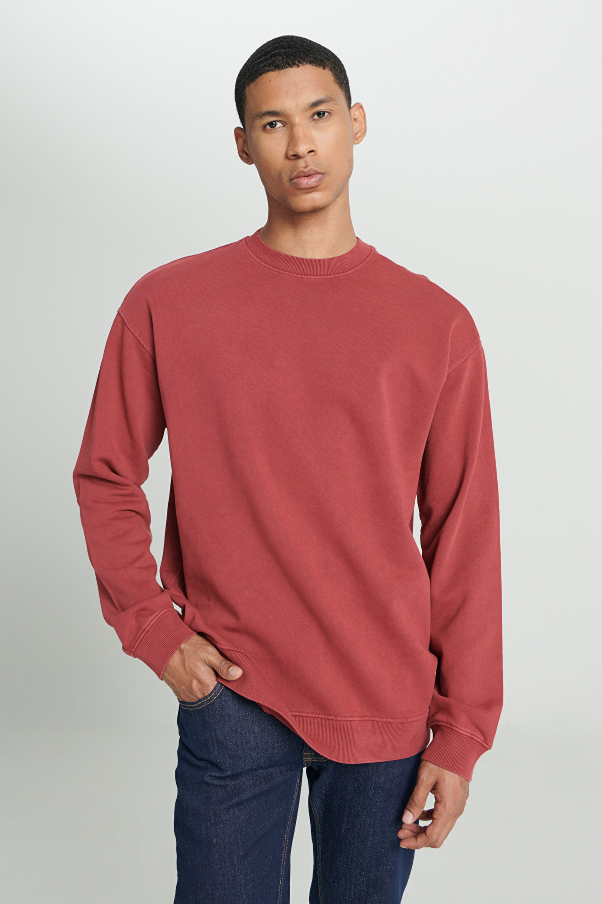 Loose Fit Rahat Kesim Bisiklet Yaka %100 Pamuk Gül Kurusu Sweatshirt - Intuition Grey-L241469A11 (görsel 3)