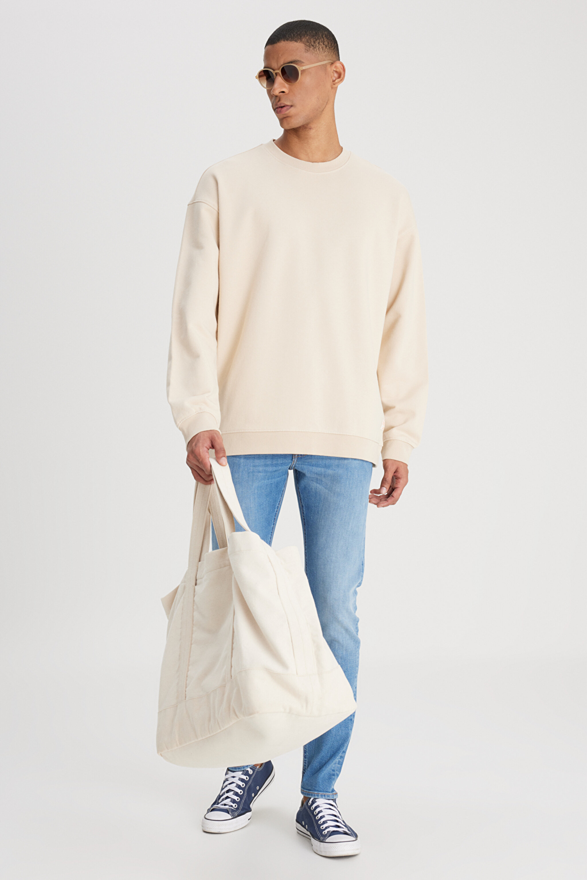 Loose Fit Rahat Kesim Bisiklet Yaka %100 Pamuk Ekru Sweatshirt - Ecru-L241469NQ (görsel 2)