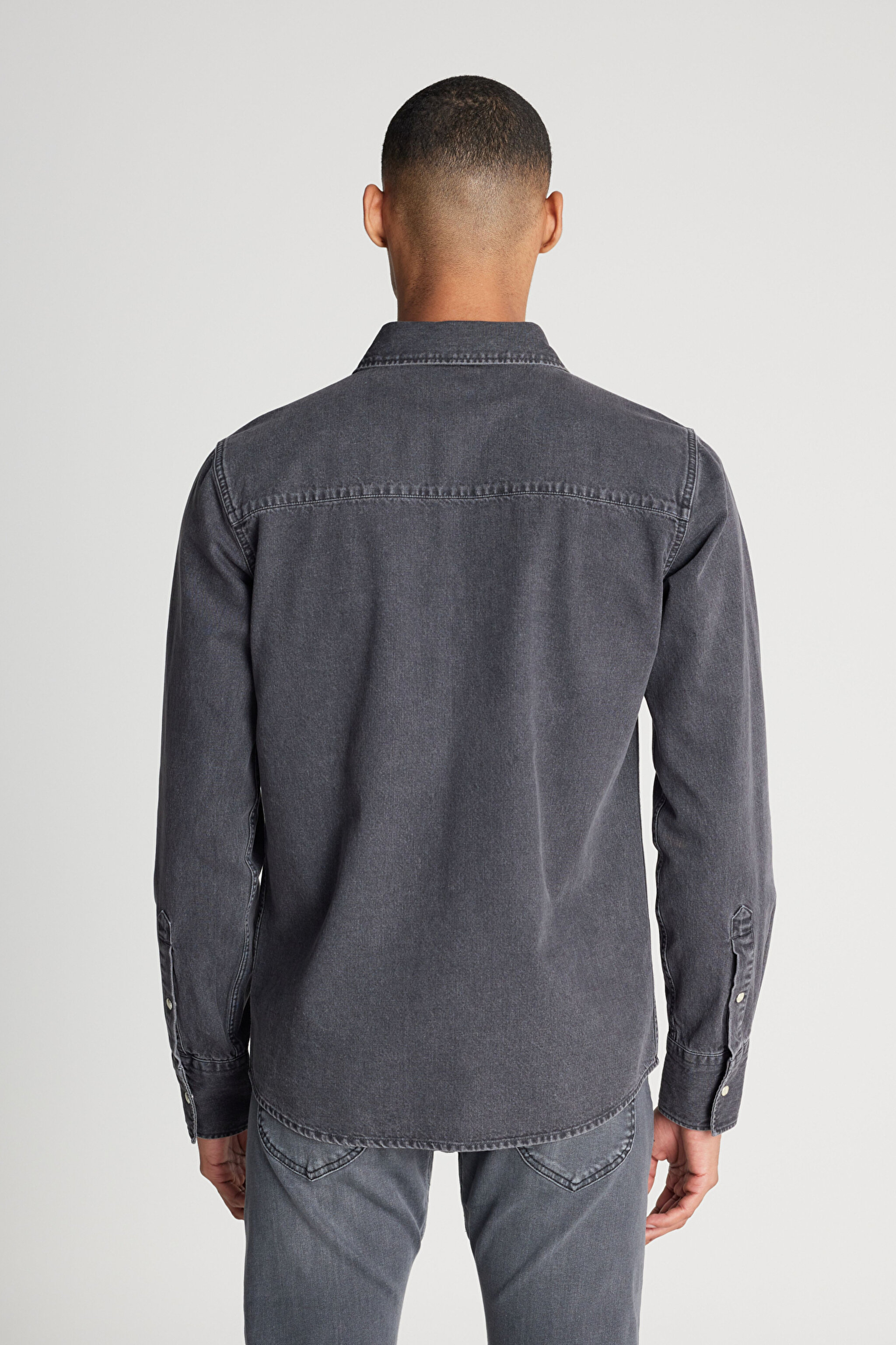 Regular Fit Normal Kesim %100 Pamuk Antrasit Jean Kot Gömlek - Anthracite-L241513003 (görsel 5)
