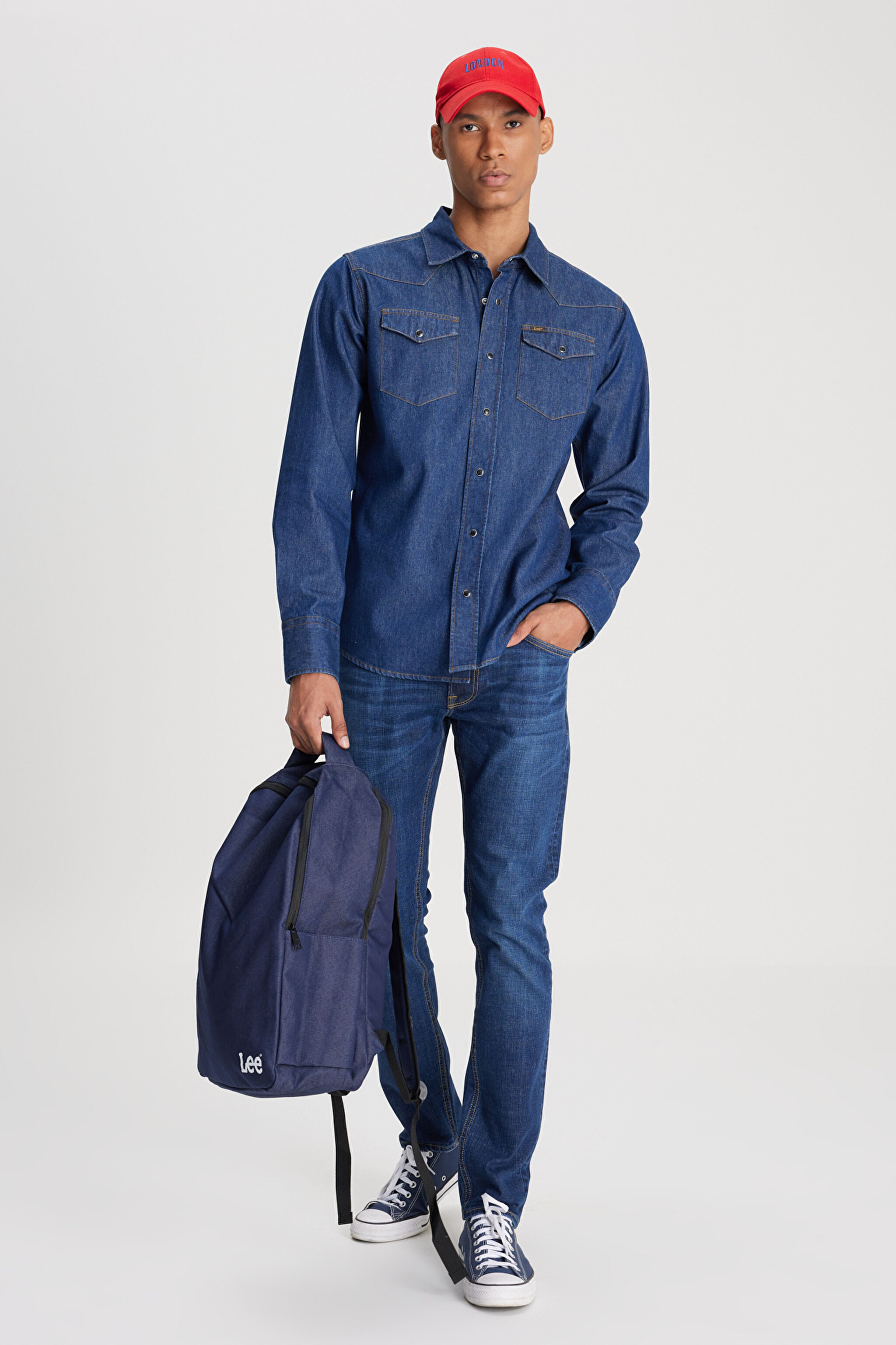 Regular Fit Normal Kesim %100 Pamuk Lacivert Jean Kot Gömlek - Rinse-L241513401 (görsel 2)