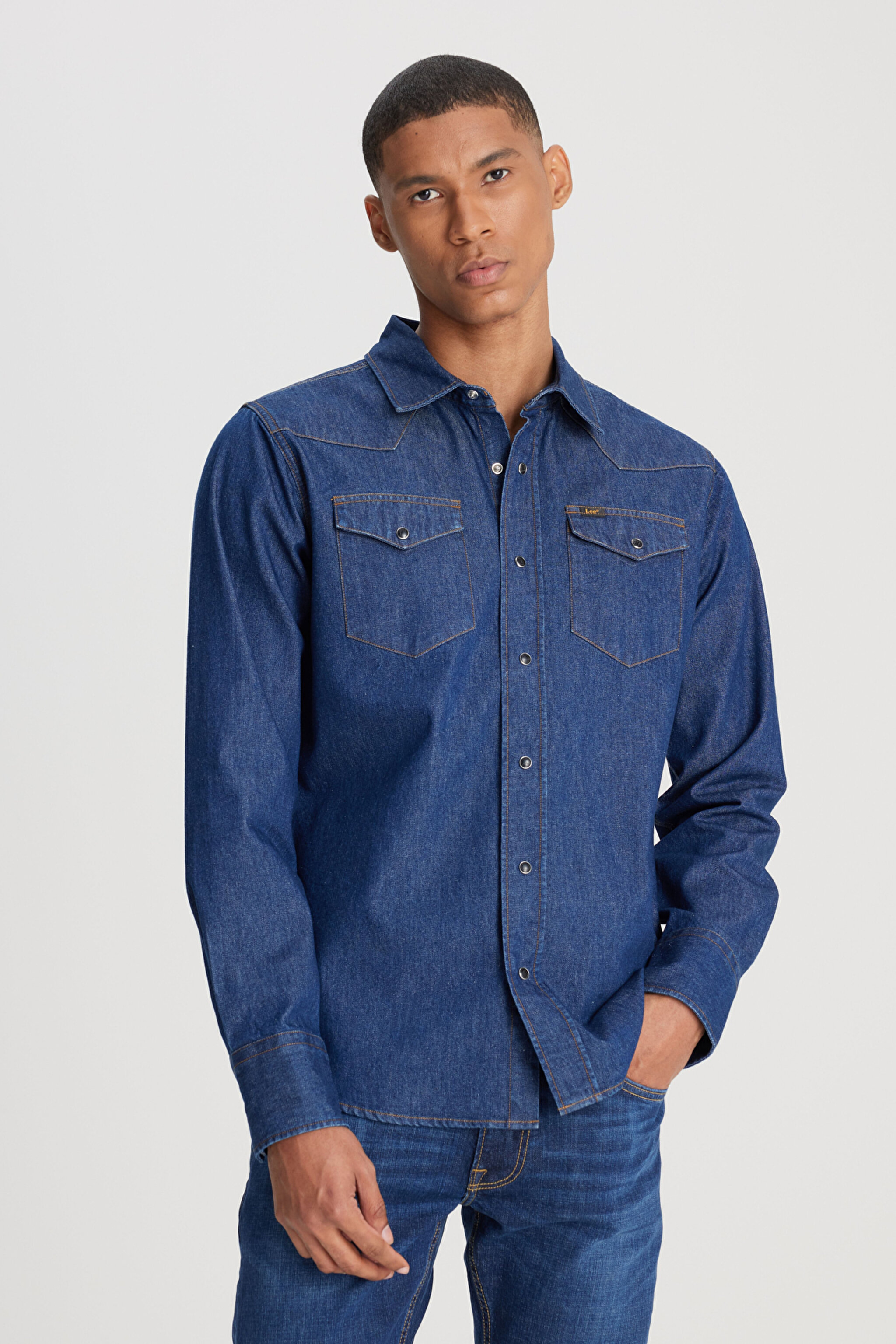 Regular Fit Normal Kesim %100 Pamuk Lacivert Jean Kot Gömlek - Rinse-L241513401 (görsel 3)