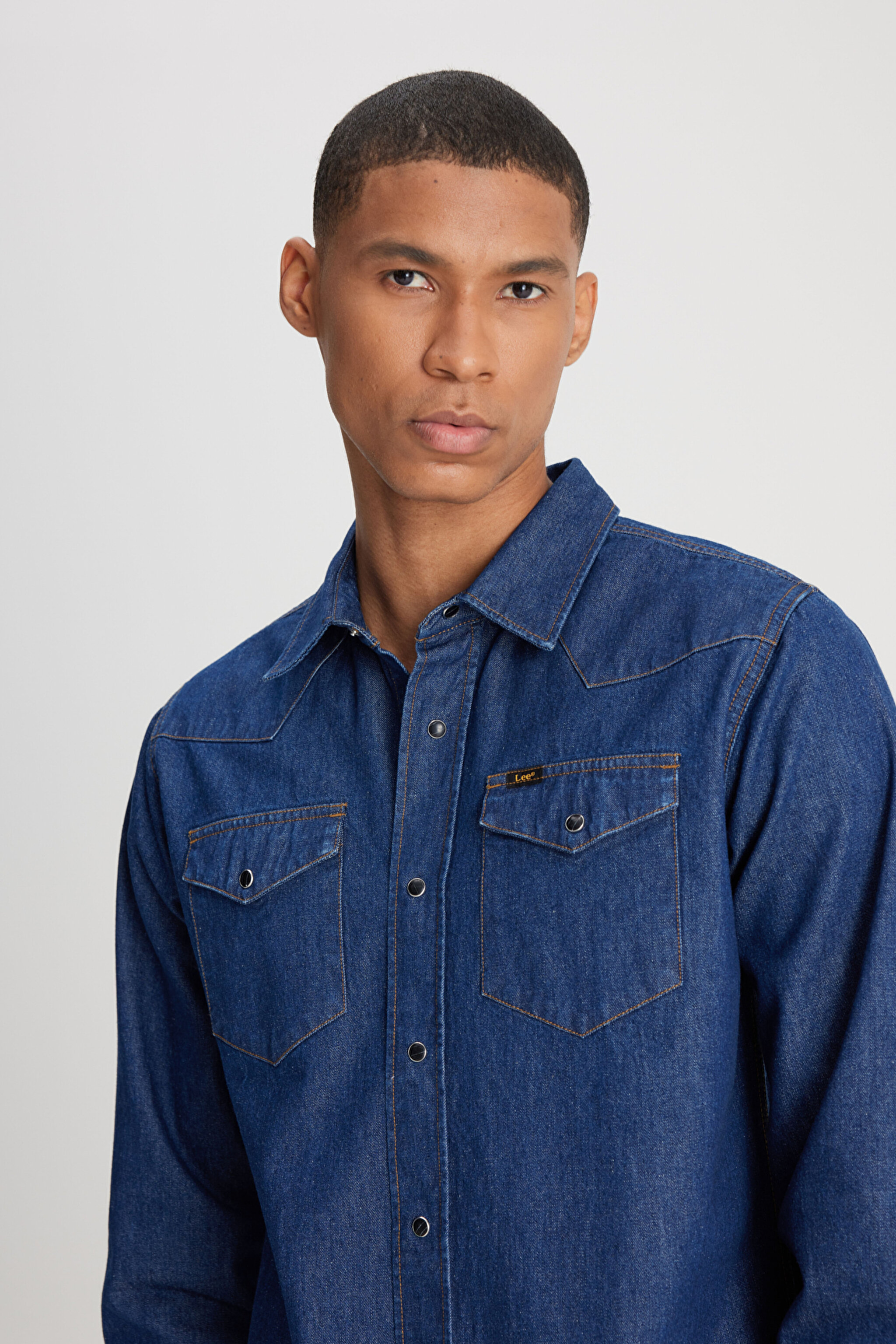 Regular Fit Normal Kesim %100 Pamuk Lacivert Jean Kot Gömlek - Rinse-L241513401 (görsel 7)