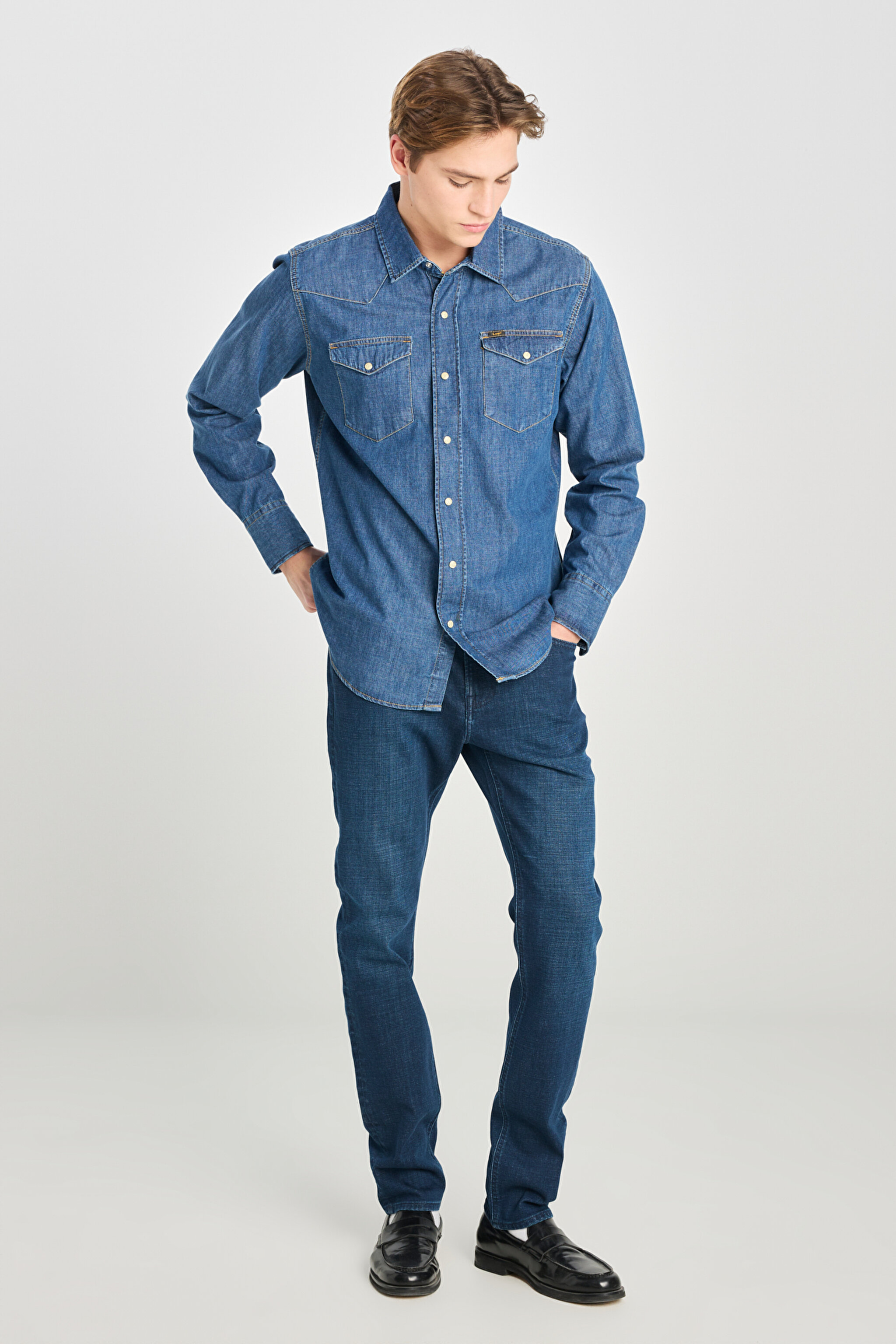 Regular Fit Normal Kesim %100 Pamuk Mavi Jean Kot Gömlek - Mid Blue-L241513XT (görsel 3)